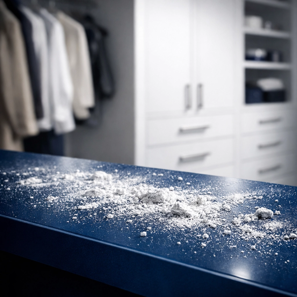 Fine construction dust and drywall particles settled on a modern blue closet shelf after a home renovation.
