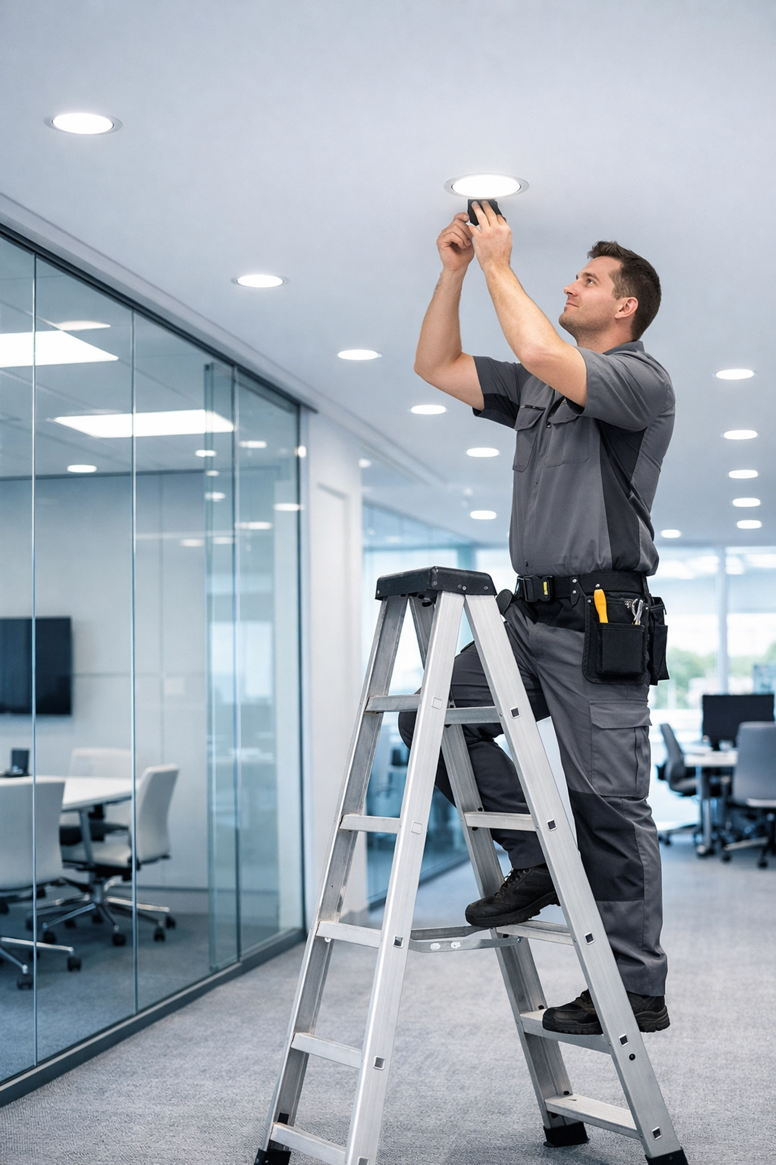 Commercial electrician maintaining office lighting for a business in Poole, Dorset.