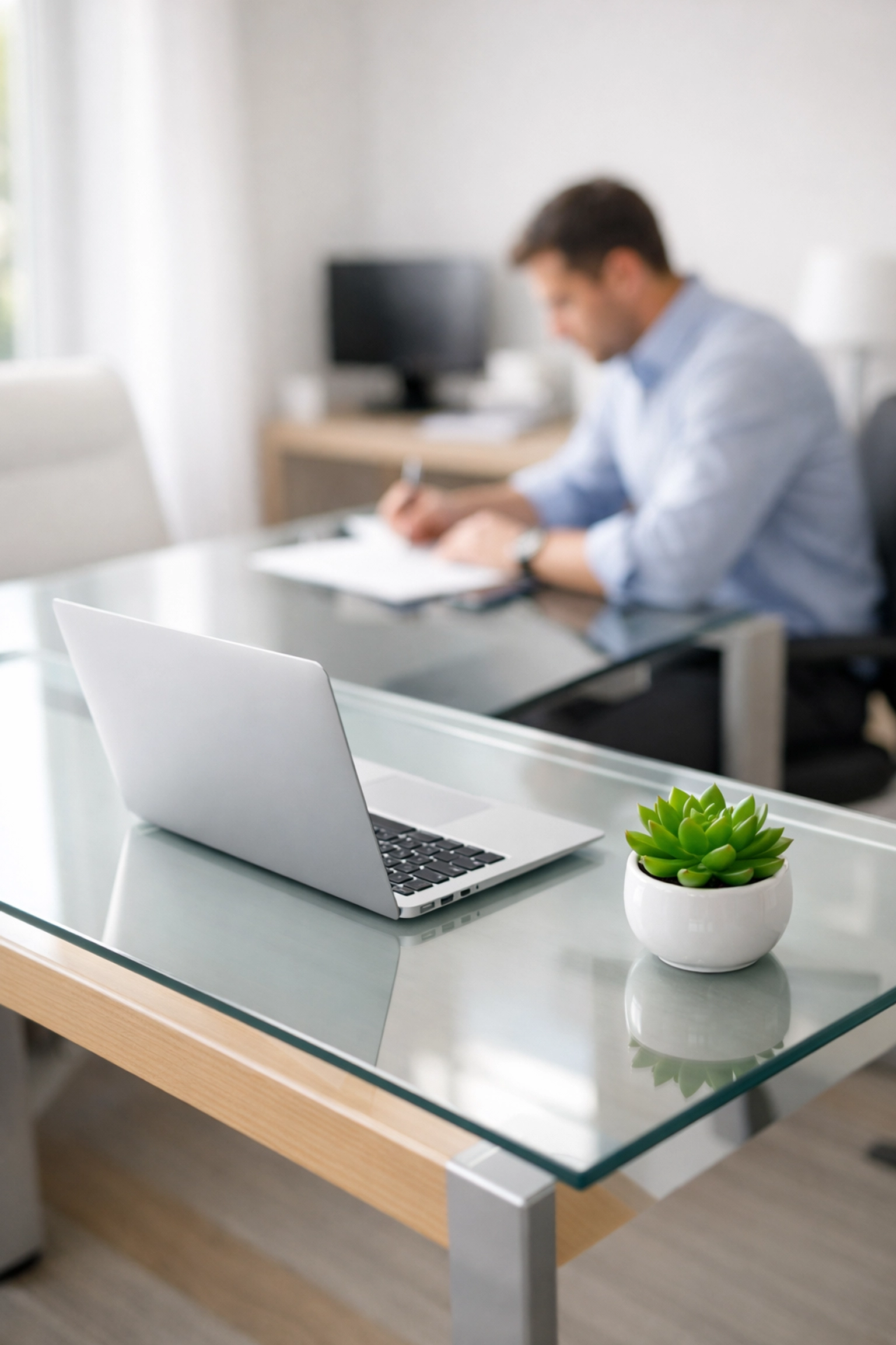 Minimalist dust-free office workstation in Needham showing high-productivity workspace hygiene.