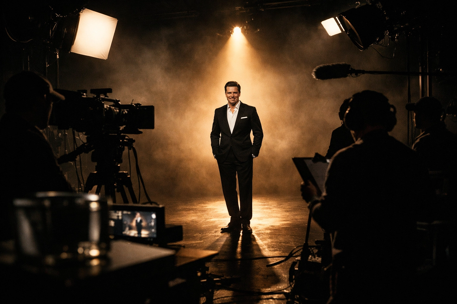 A celebrity actor in a spotlight on a high-budget Super Bowl commercial film set.