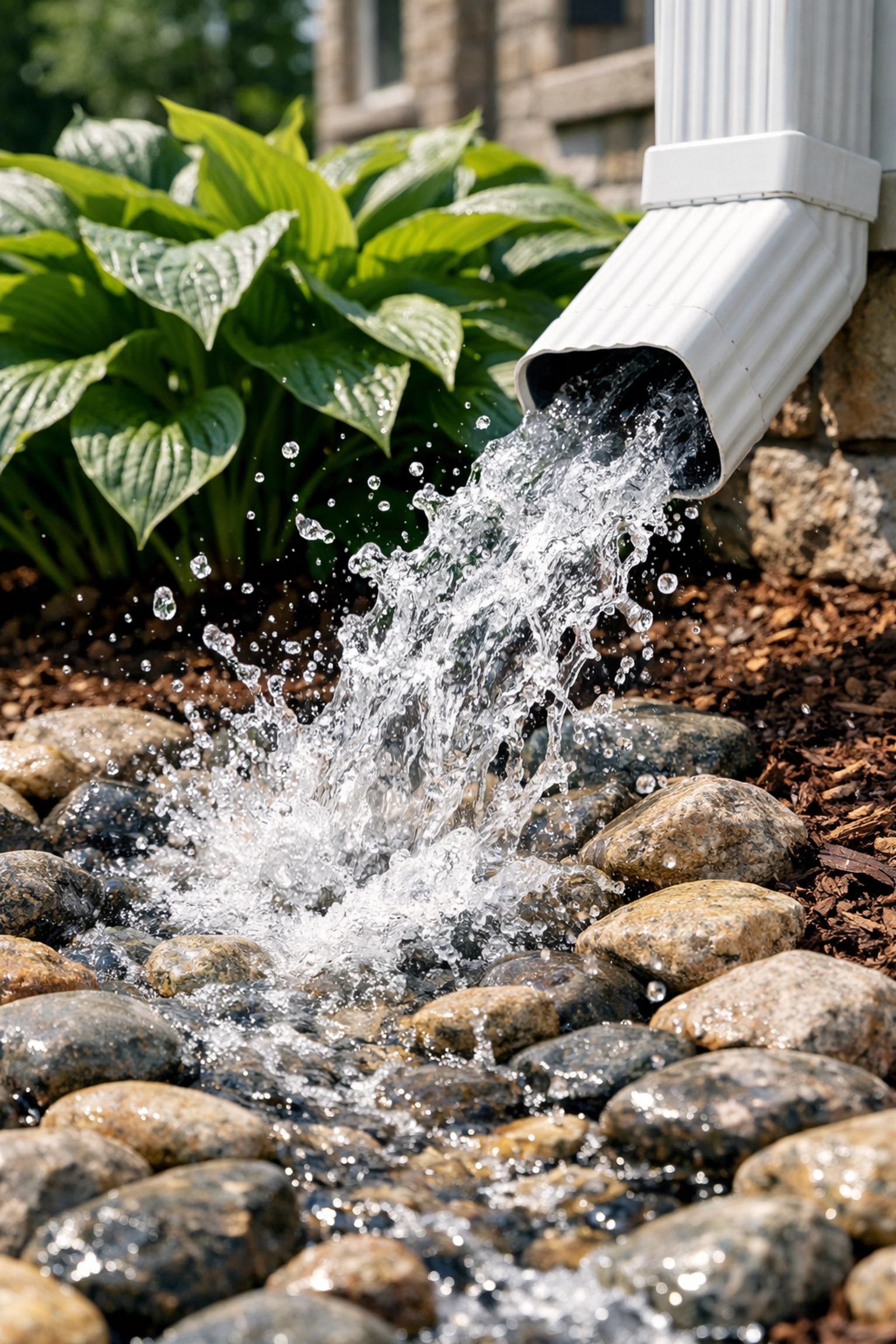 Clear water flowing from a flushed downspout into a stone drain after gutter cleaning in Greenwich CT.