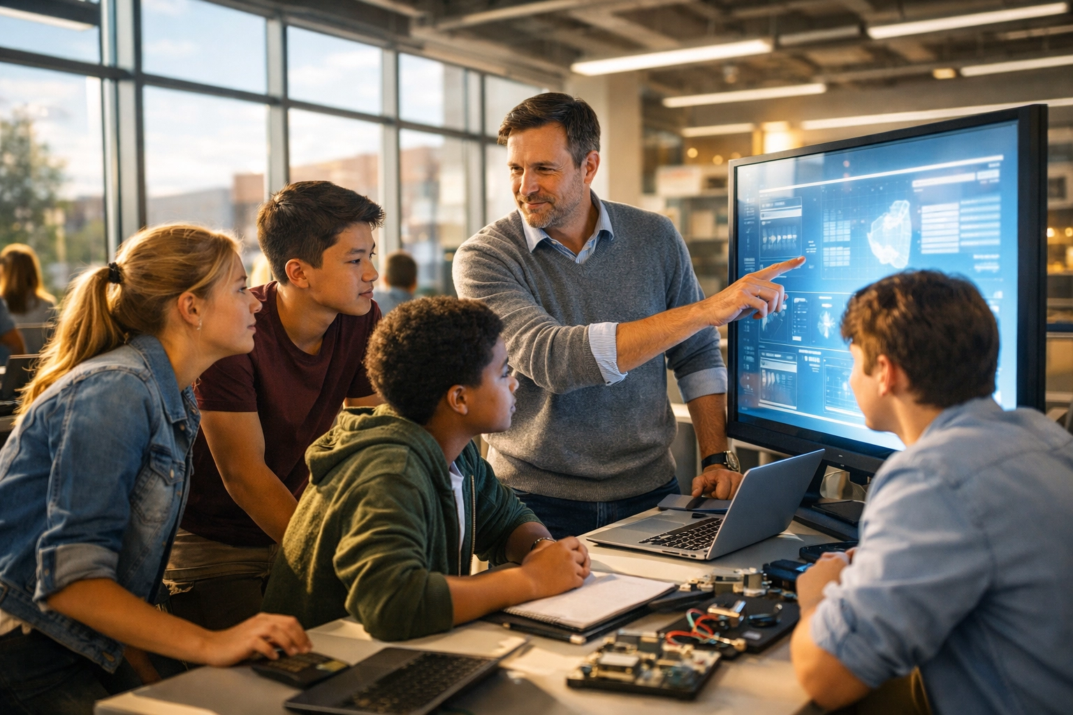 High school students collaborating with a mentor in a modern lab for future workforce development.