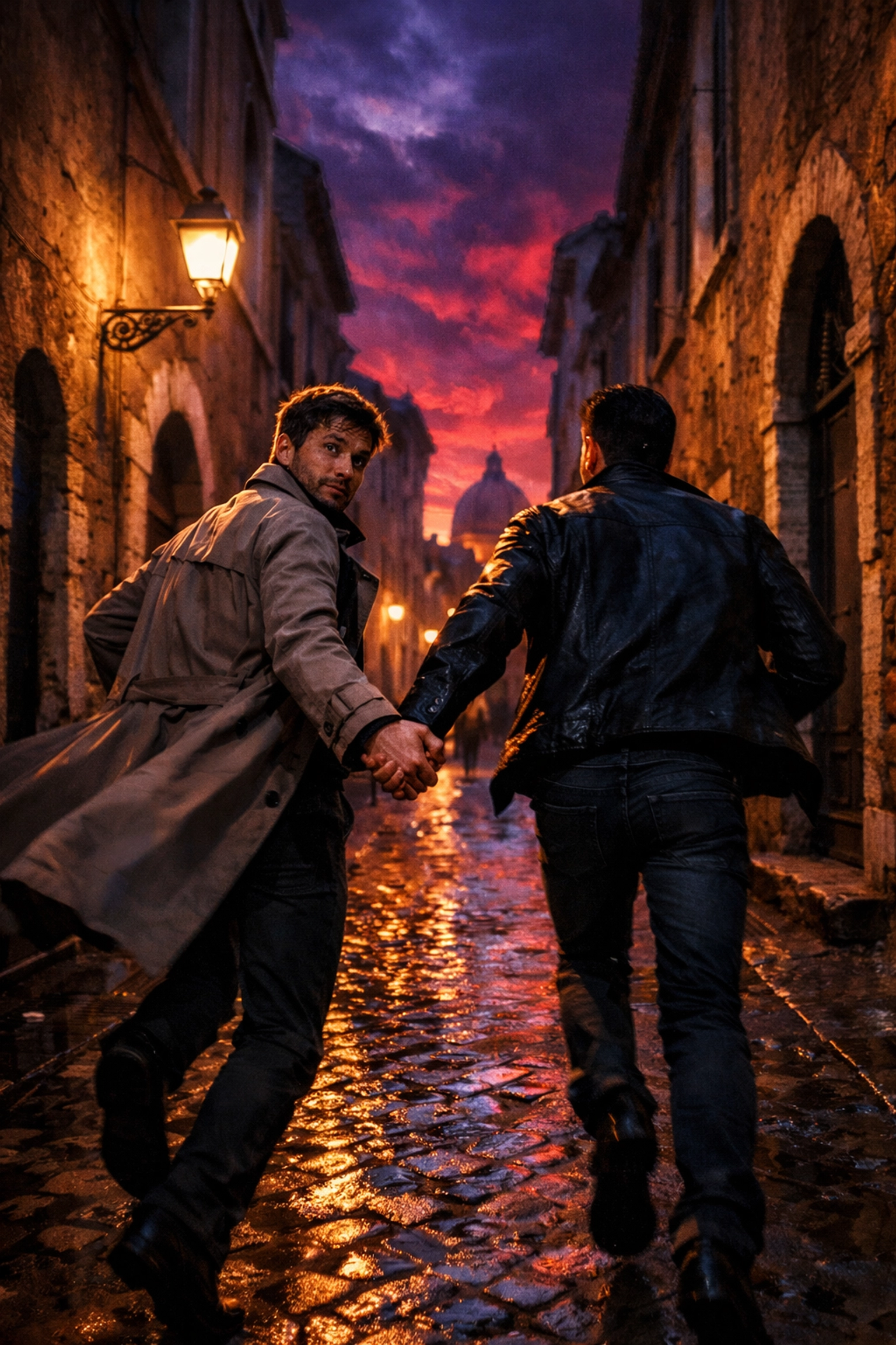 A gay couple escaping through a dark Roman alleyway in a high-stakes gay spy thriller story.
