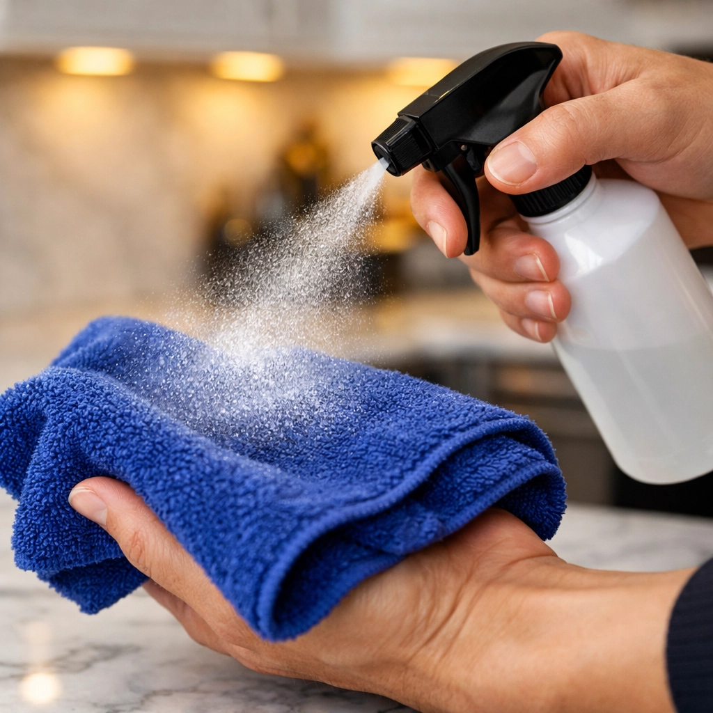 Professional cleaner spraying solution on a blue microfiber cloth in a Lowell kitchen for streak-free cleaning.