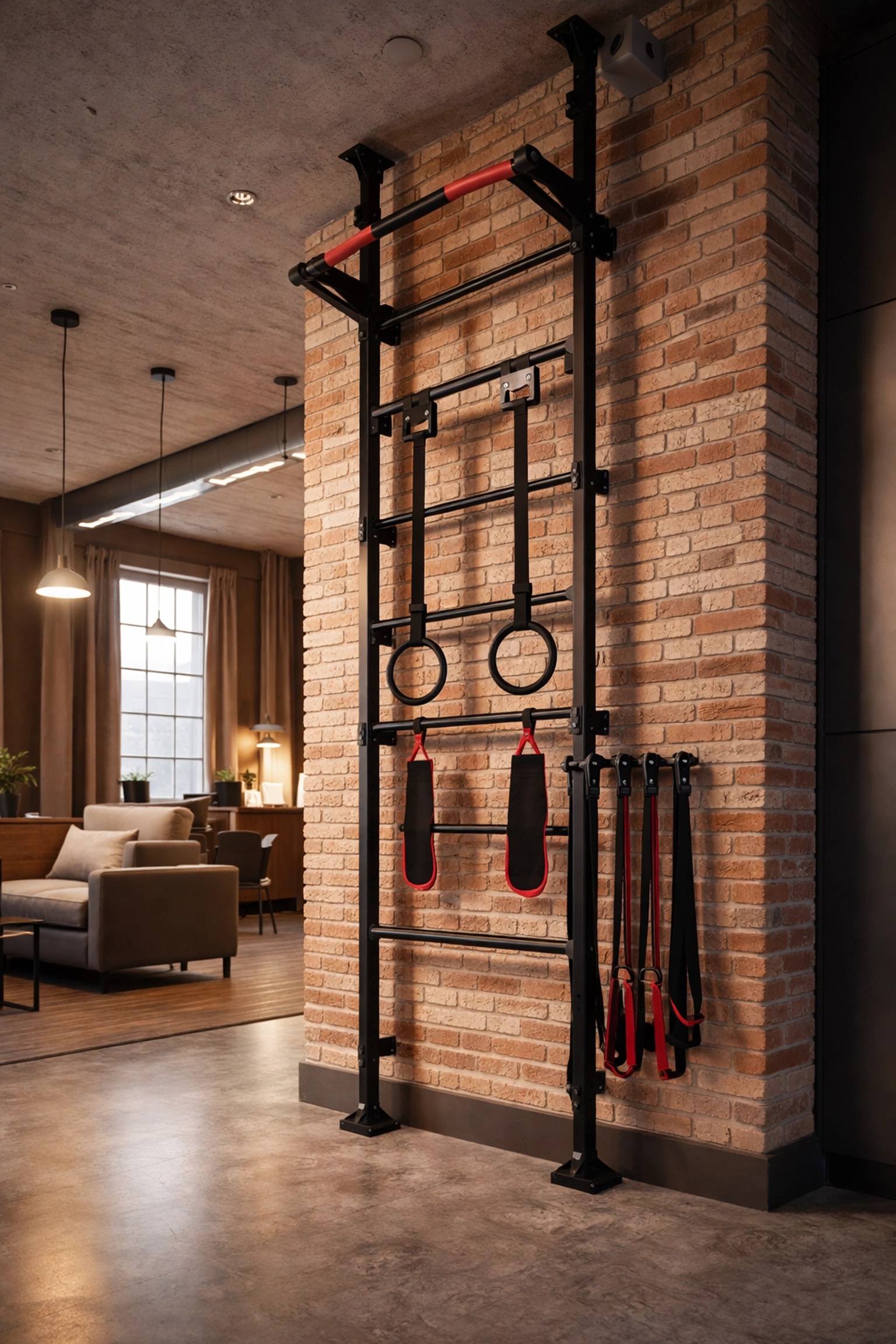 No-damage floor to ceiling gym system installed in apartment corner with pull-up bars and resistance bands
