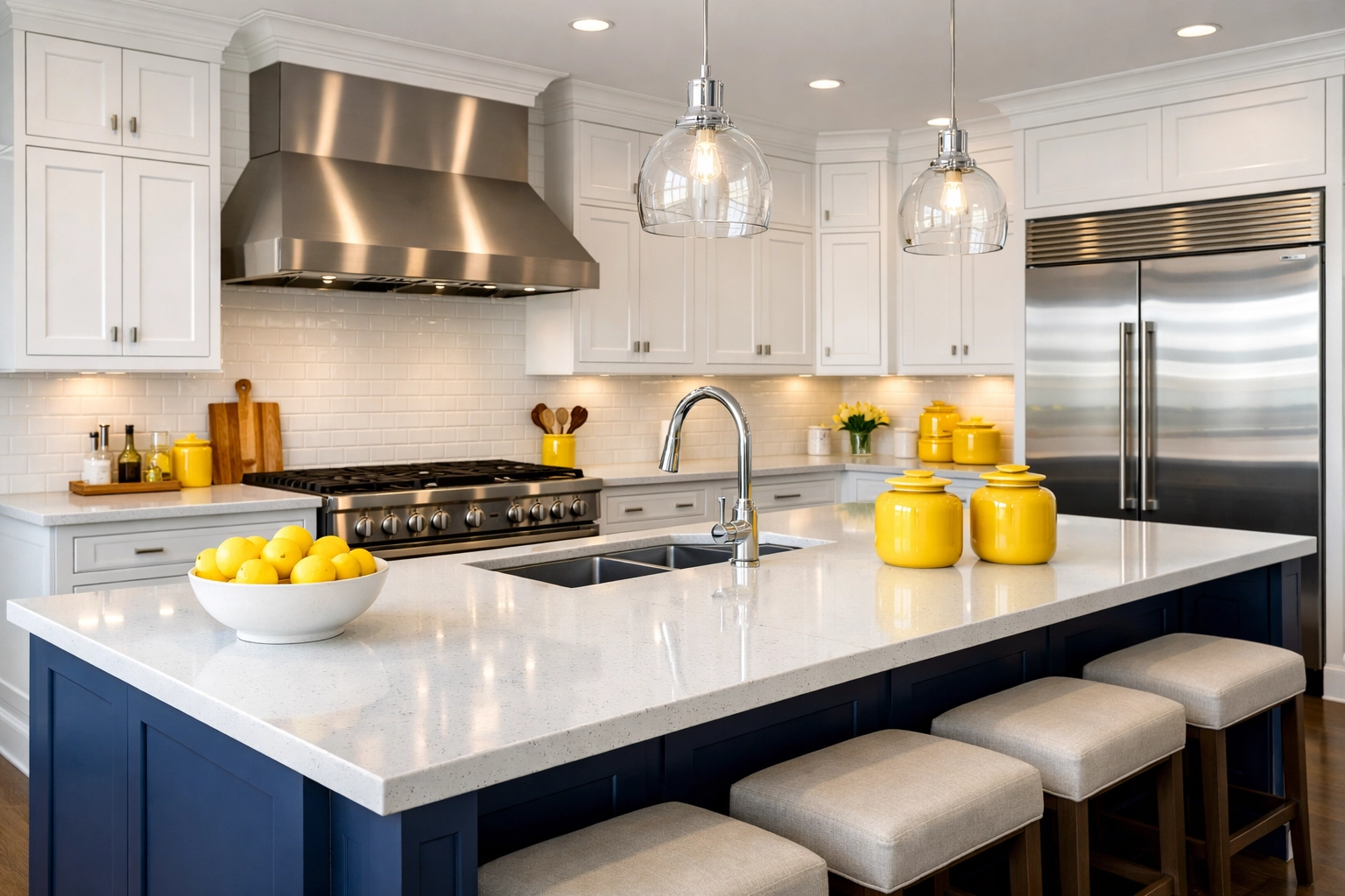 Luxury Lunenburg kitchen featuring clean quartz countertops and polished stainless steel appliances.