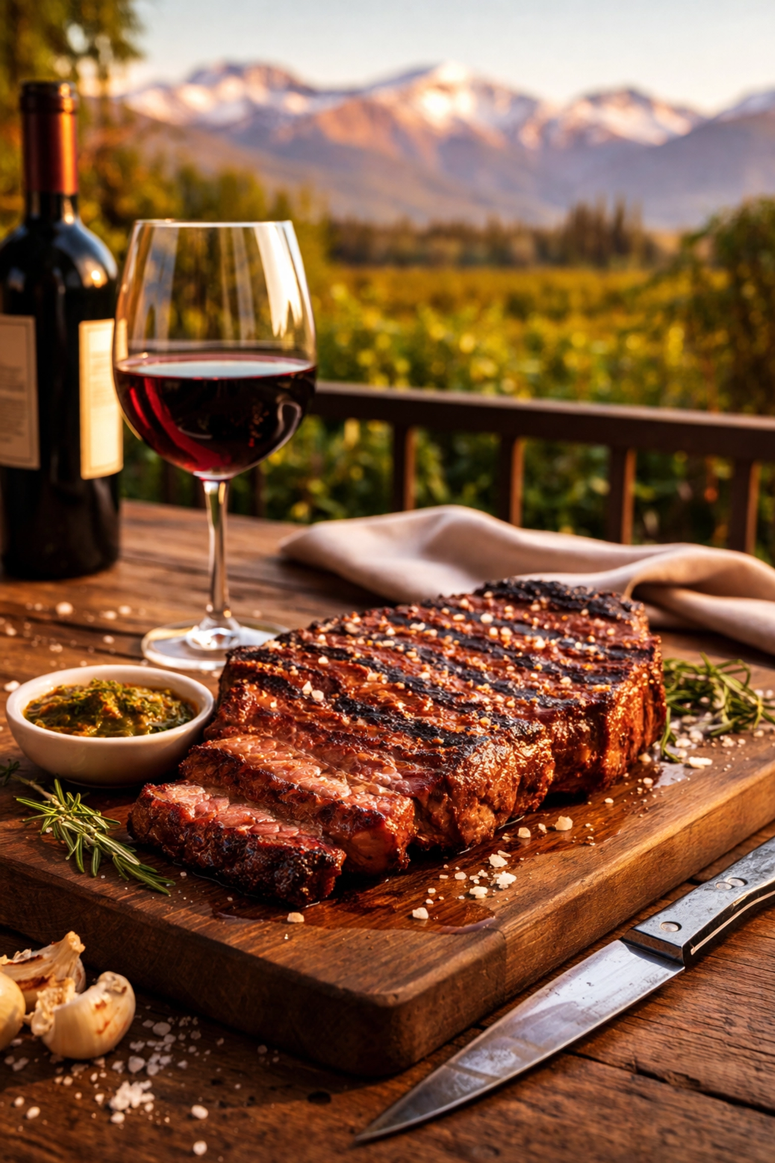 Grilled Argentine ribeye steak and Malbec wine on an outdoor terrace with Andes Mountains, representing value dining in Argentina.