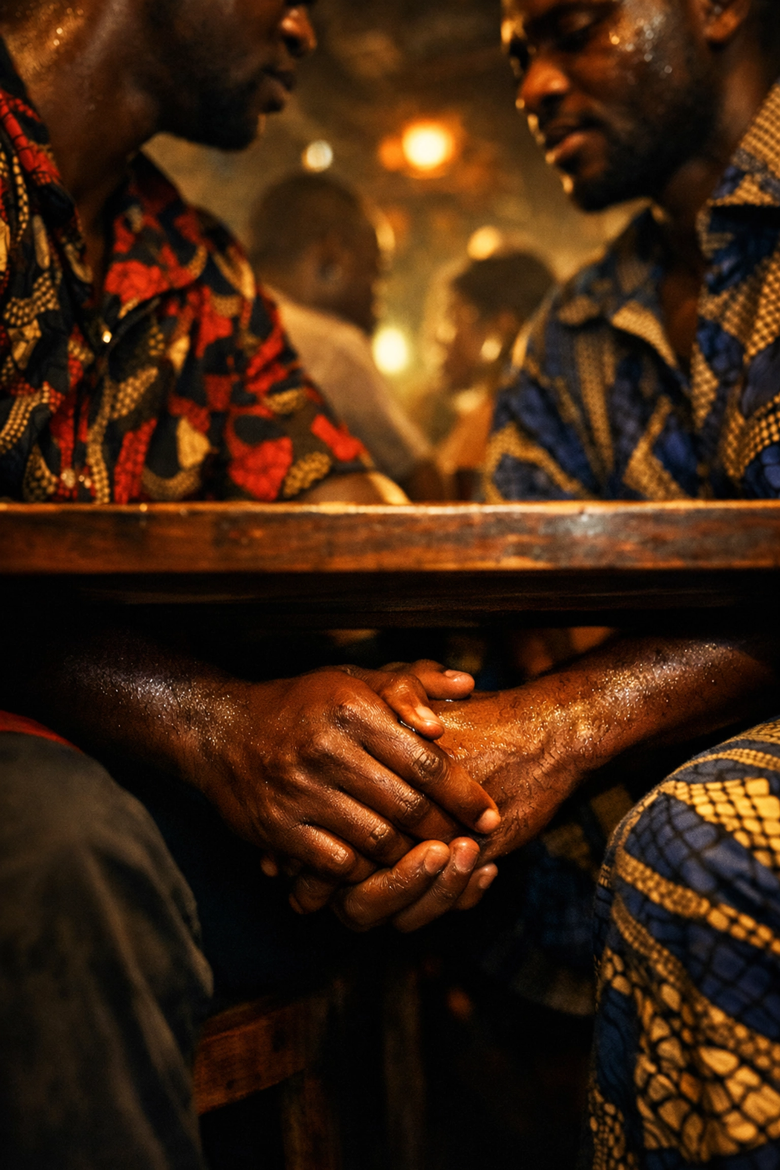 Nigerian men holding hands secretly in a cafe, showing the hidden reality of queer life under the SSMPA.
