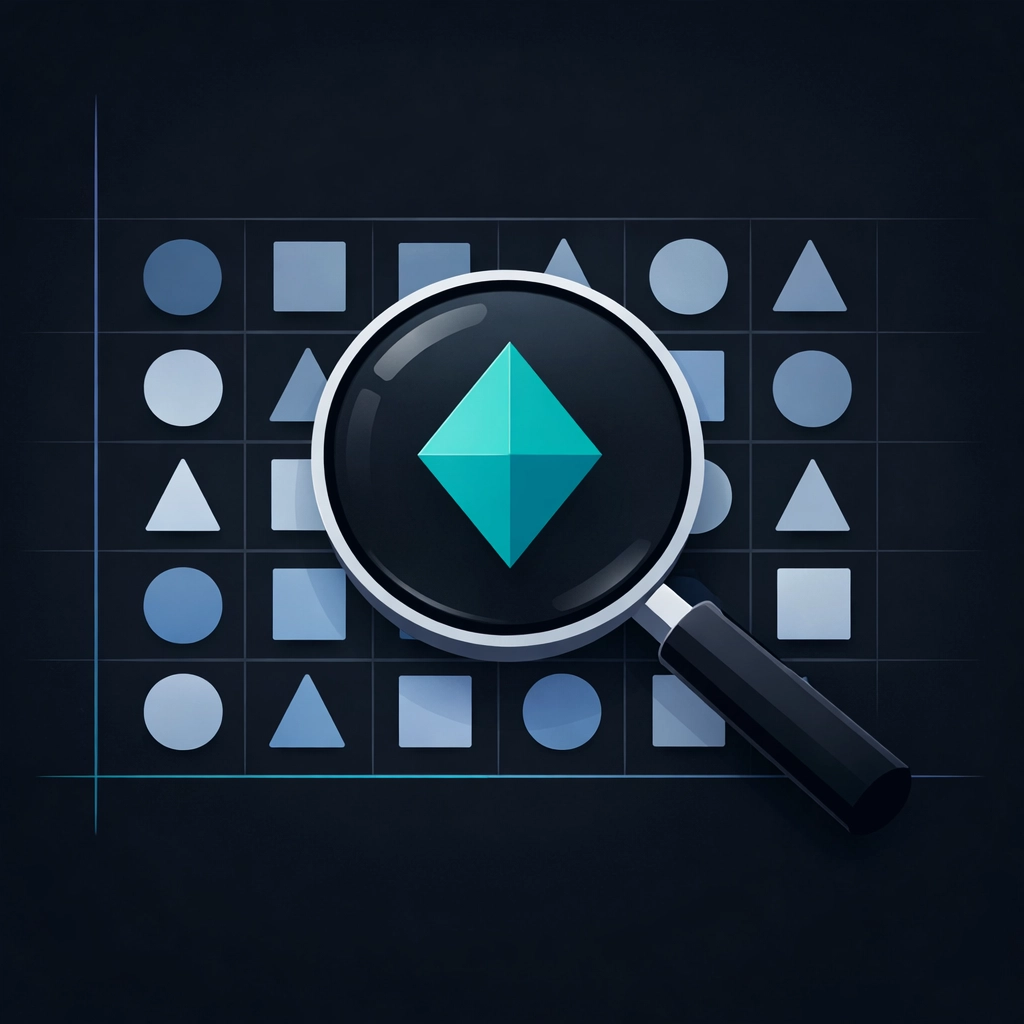 Magnifying glass identifying a teal root cause among data points in Lean Six Sigma process analysis.