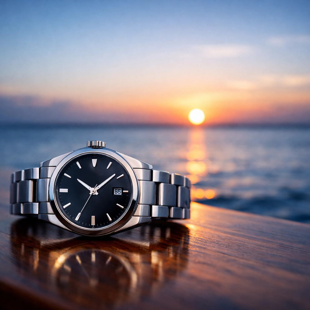 A luxury watch against a Texas coastal sunset representing the right time to sell an electrical firm.