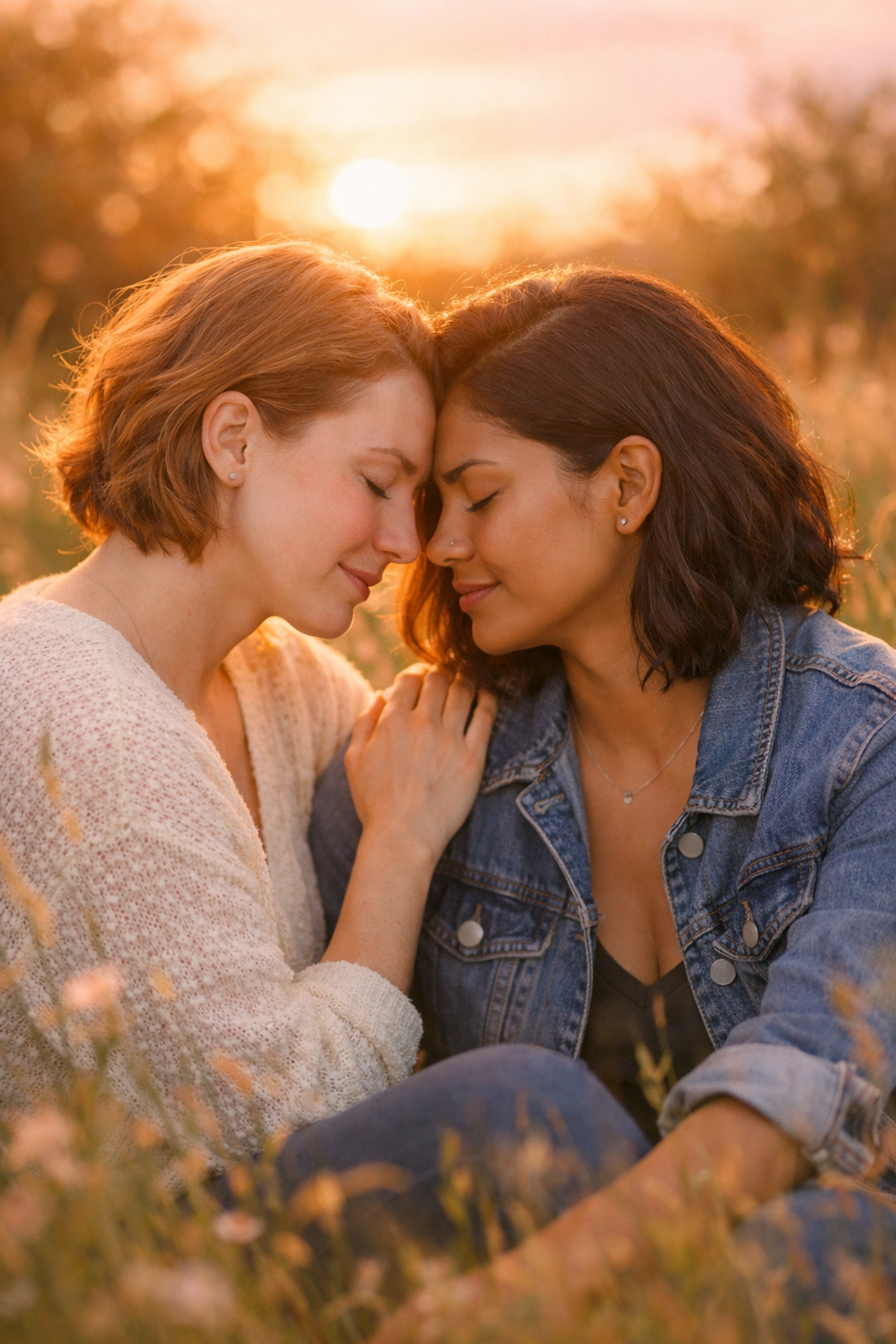 Two women sharing an intimate moment in a meadow, symbolizing the deep emotional bond and trust in queer relationships.
