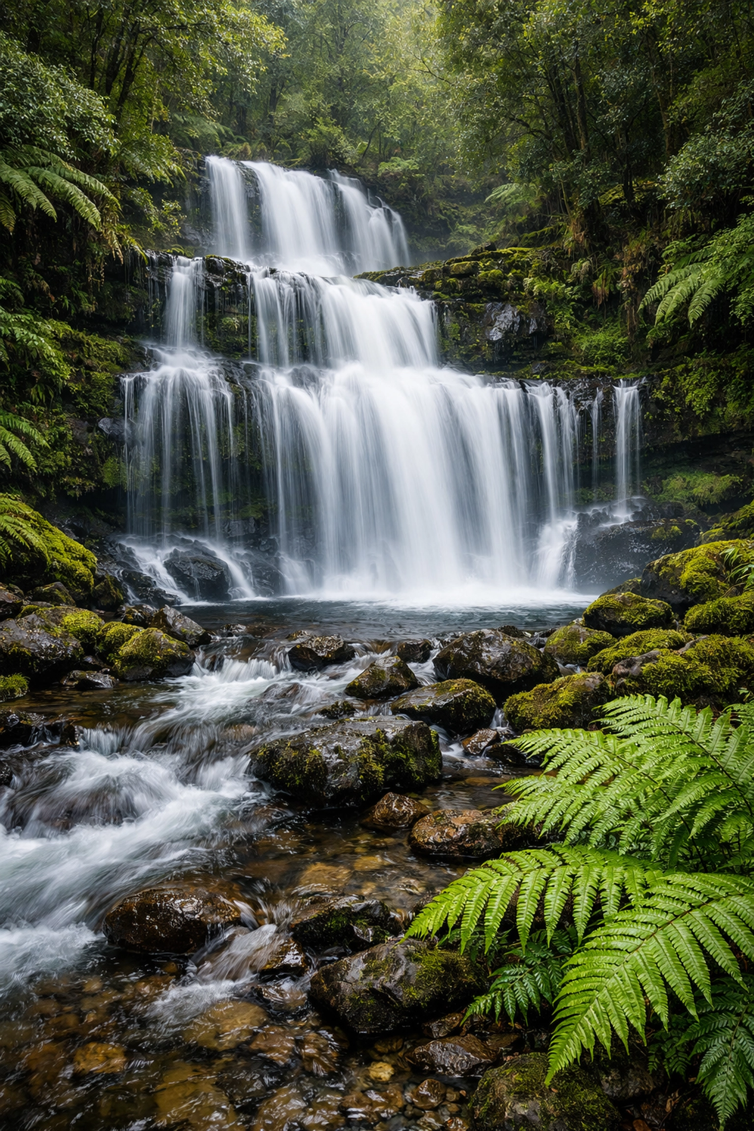 Long exposure waterfall in a rainforest illustrating advanced motion techniques from our photography tutorials.