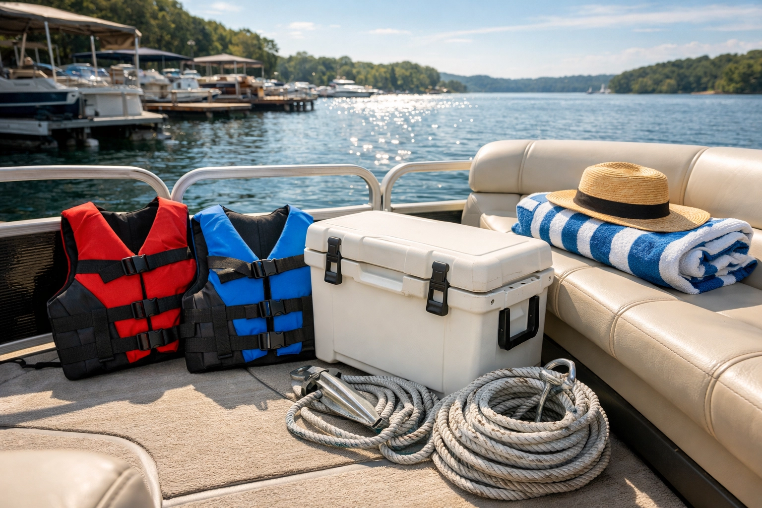 Essential pontoon boat rental accessories including life jackets, cooler, and anchor on a boat deck.