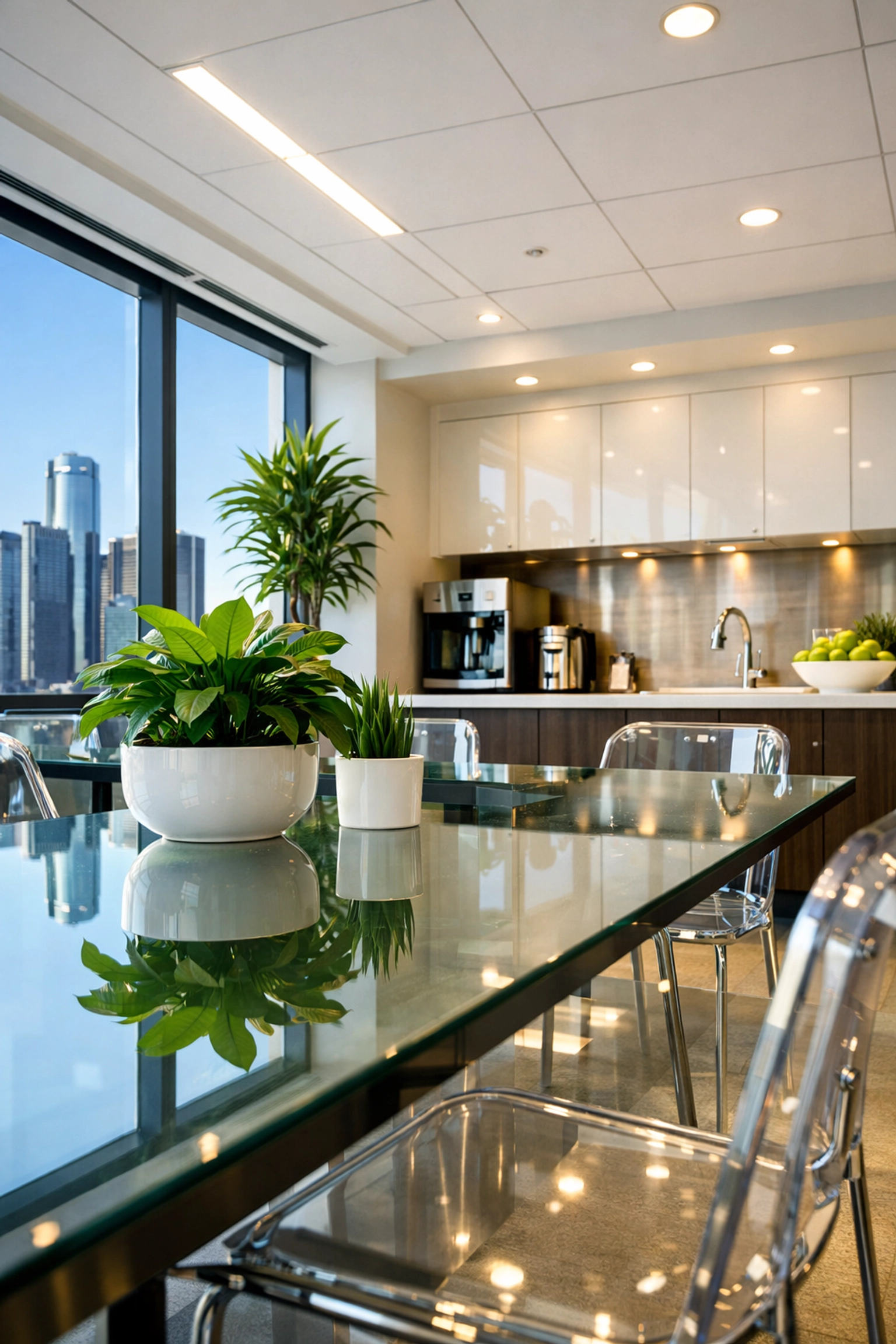 A pristine corporate breakroom in a Detroit skyscraper showing high-standard commercial deep cleaning results.