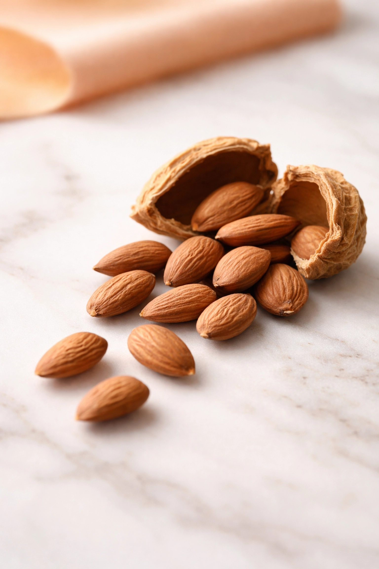 Dried apricot kernels spilling from a cracked-open pit, highlighting the source of Apricot Kernel Capsules 2500mg.