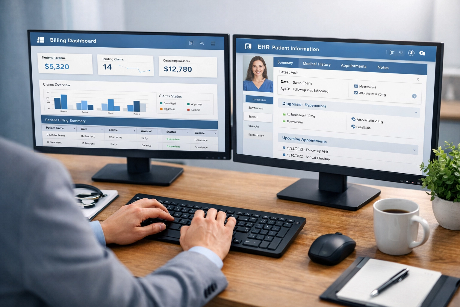 Medical billing software integrated with EHR system on dual monitors in professional office