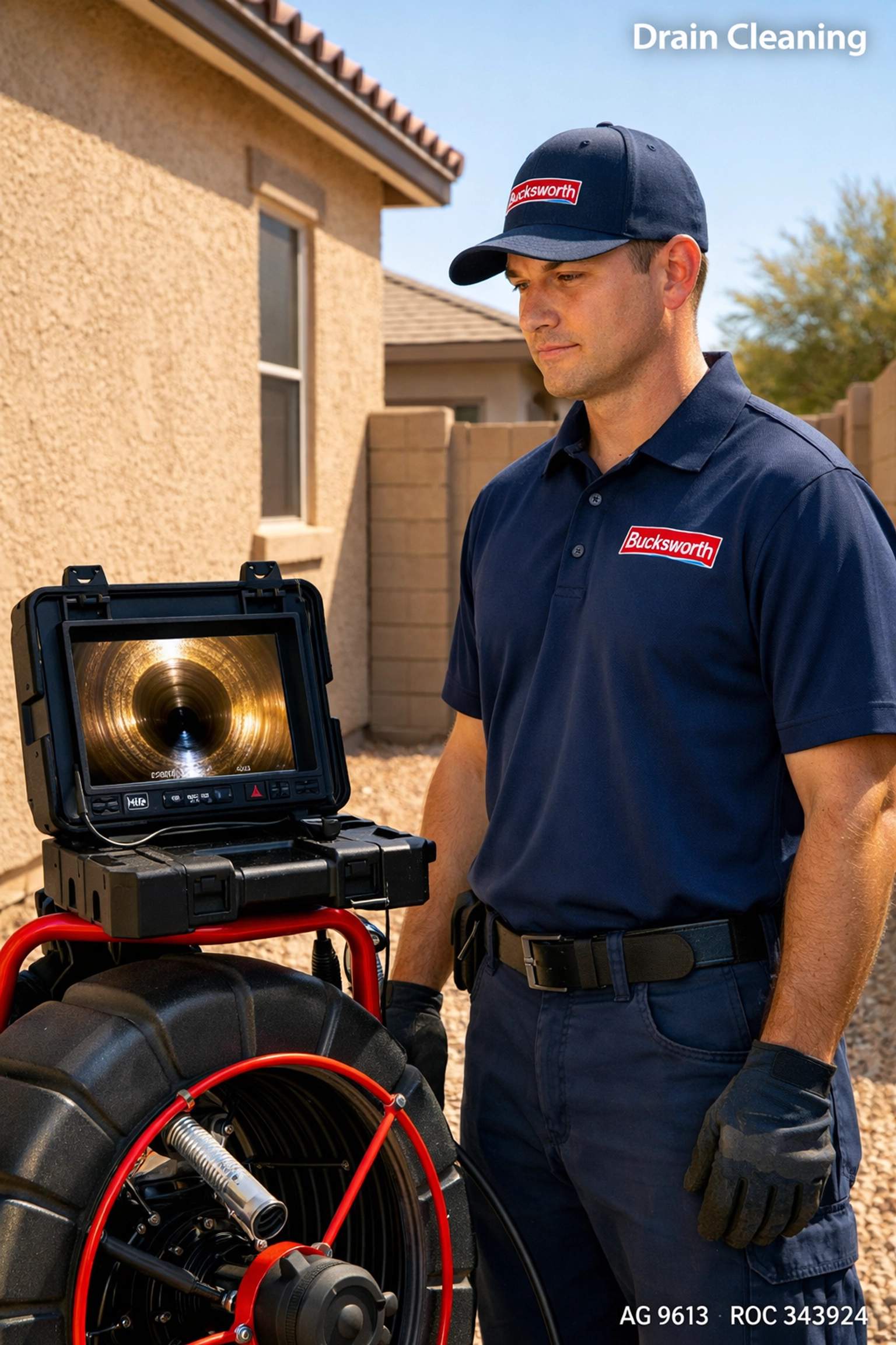 Bucksworth technician performing a sewer camera inspection for drain cleaning in El Mirage AZ.