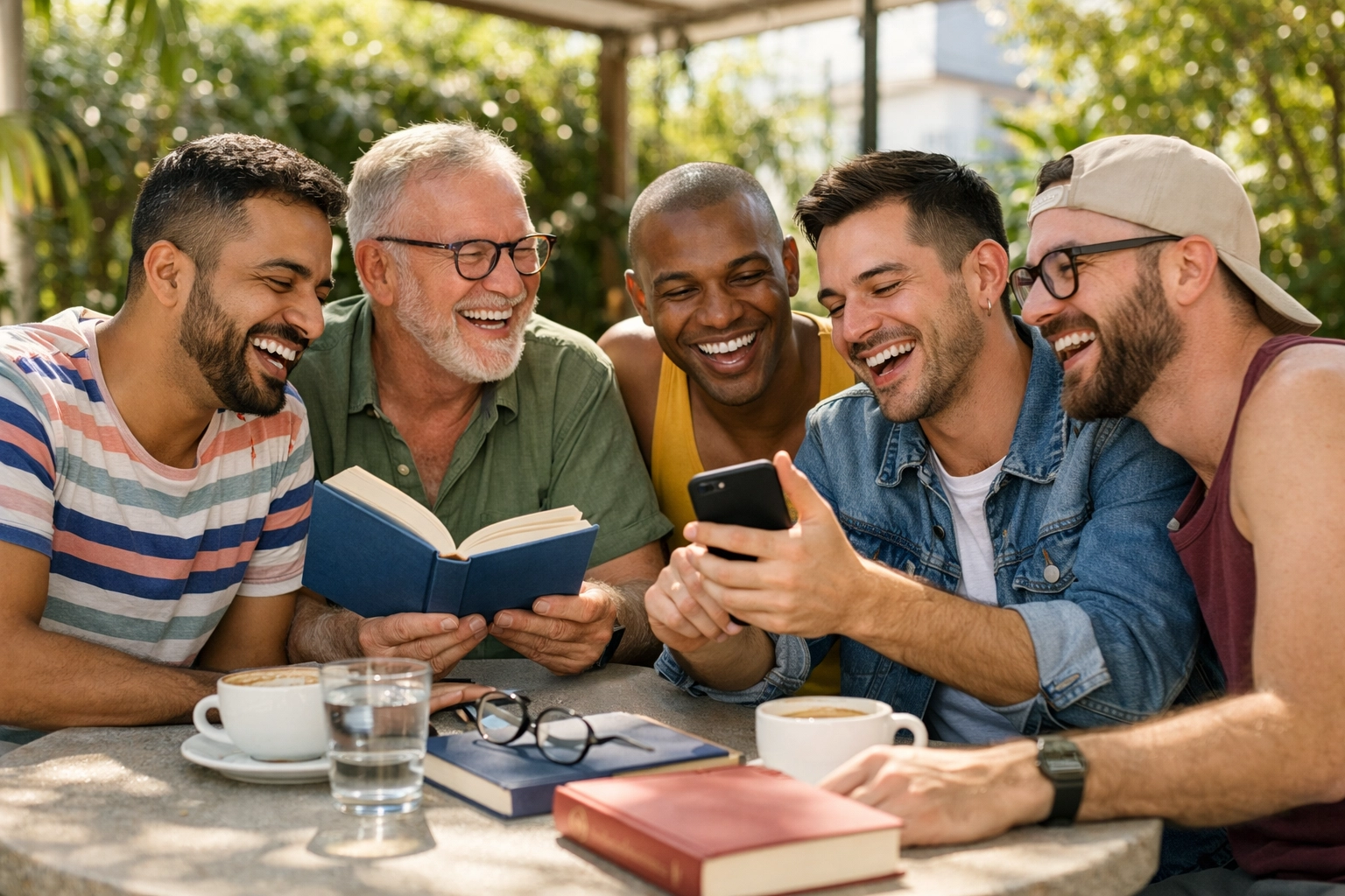 A community of gay men discussing contemporary MM romance and queer fiction at a book club.