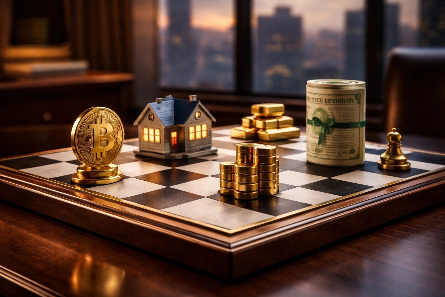 A chess board with investment symbols like Bitcoin, real estate, stocks, and gold illustrating strategic portfolio diversification for accredited investors.