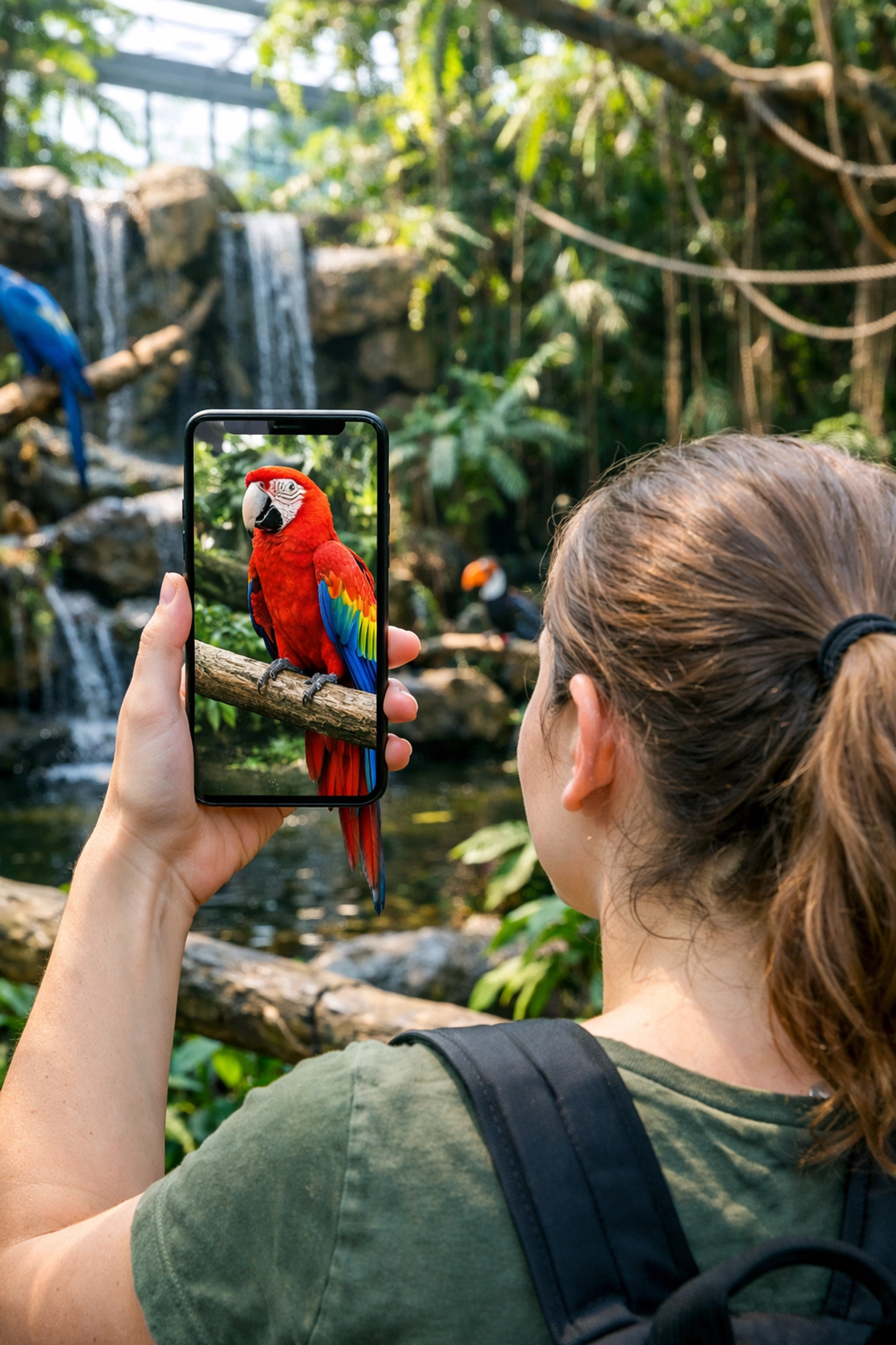 A zoo visitor using an augmented reality smartphone app to view a scarlet macaw at a tropical bird exhibit.