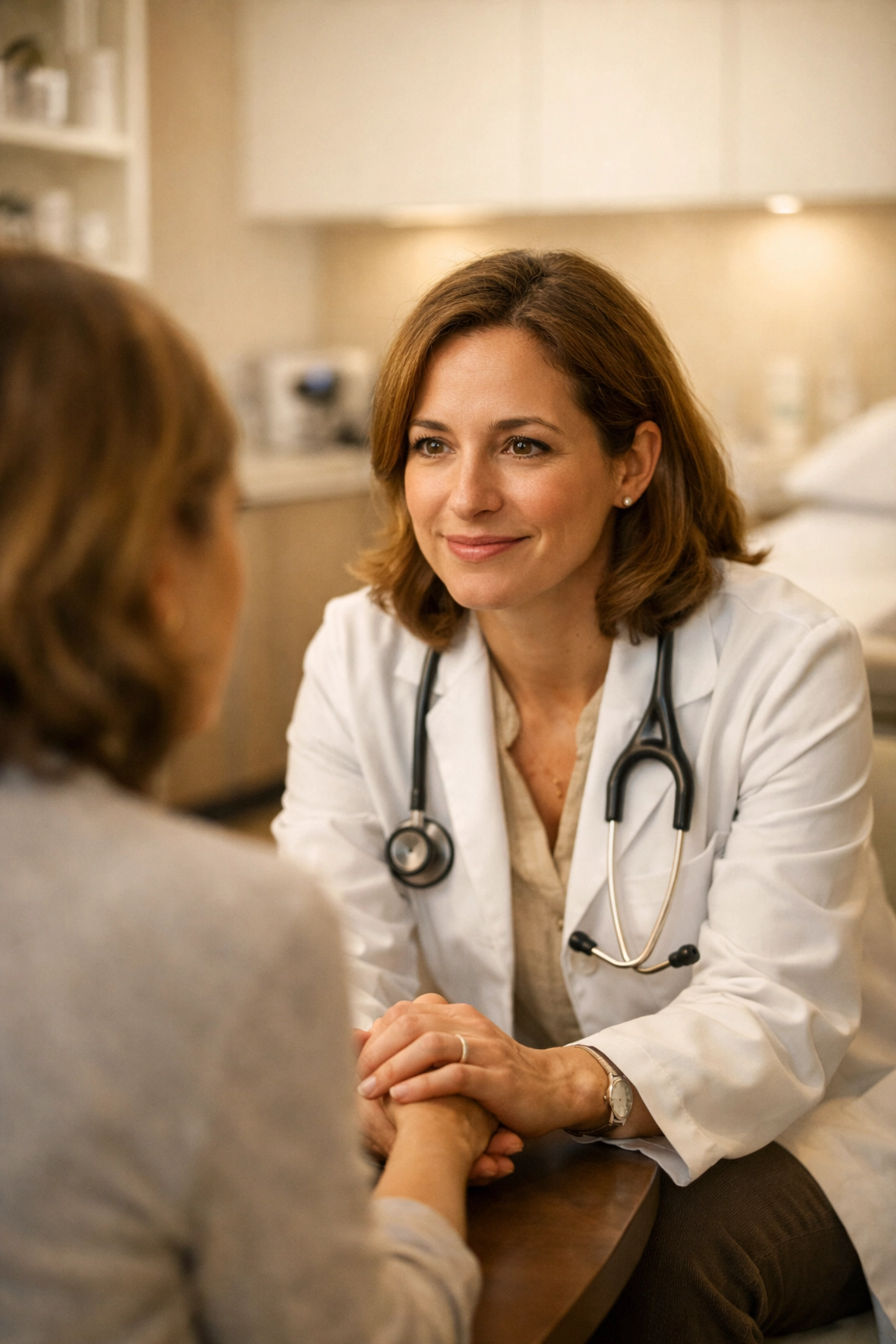 Compassionate physician focusing on patient care and empathy instead of a computer screen in a medical suite.