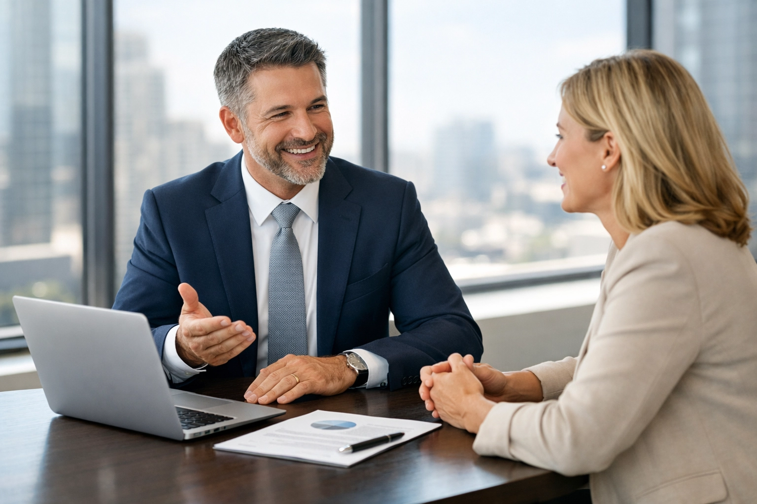 A professional tax consultation with a TIG Tax Services advisor in a modern city office.