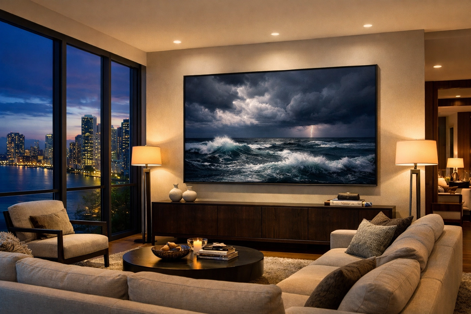 Museum quality prints of an ocean landscape displayed as high-value art in a luxury Miami interior.