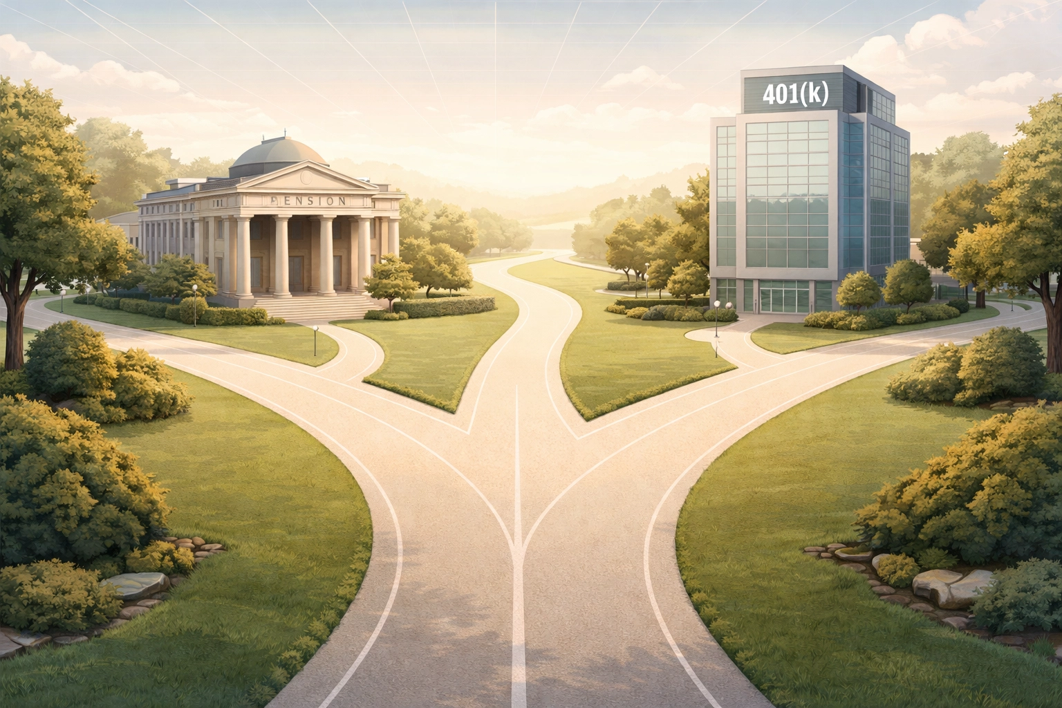 Two paths, one to a pension building and one to a 401k office, symbolizing Florida retirement asset choices
