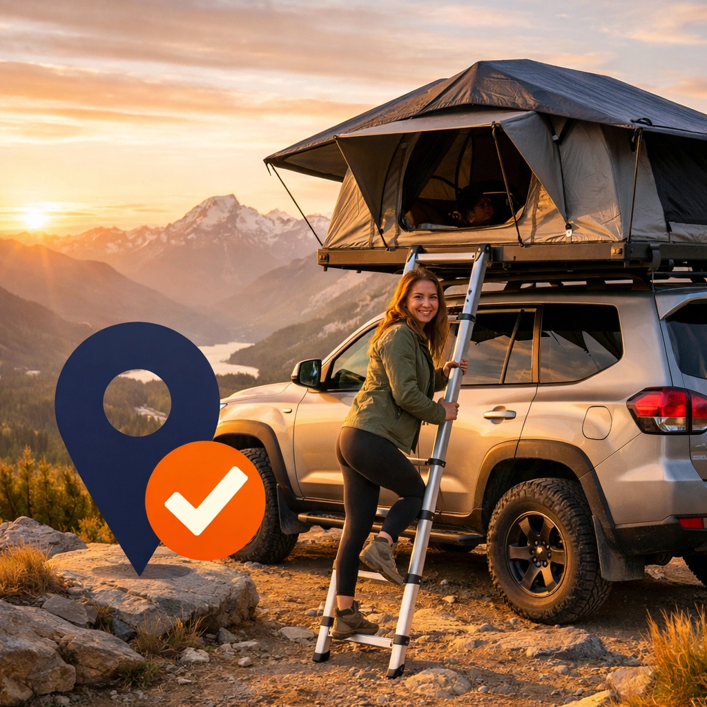 Woman using a rented premium rooftop tent on a 4x4 vehicle during a scenic mountain adventure.