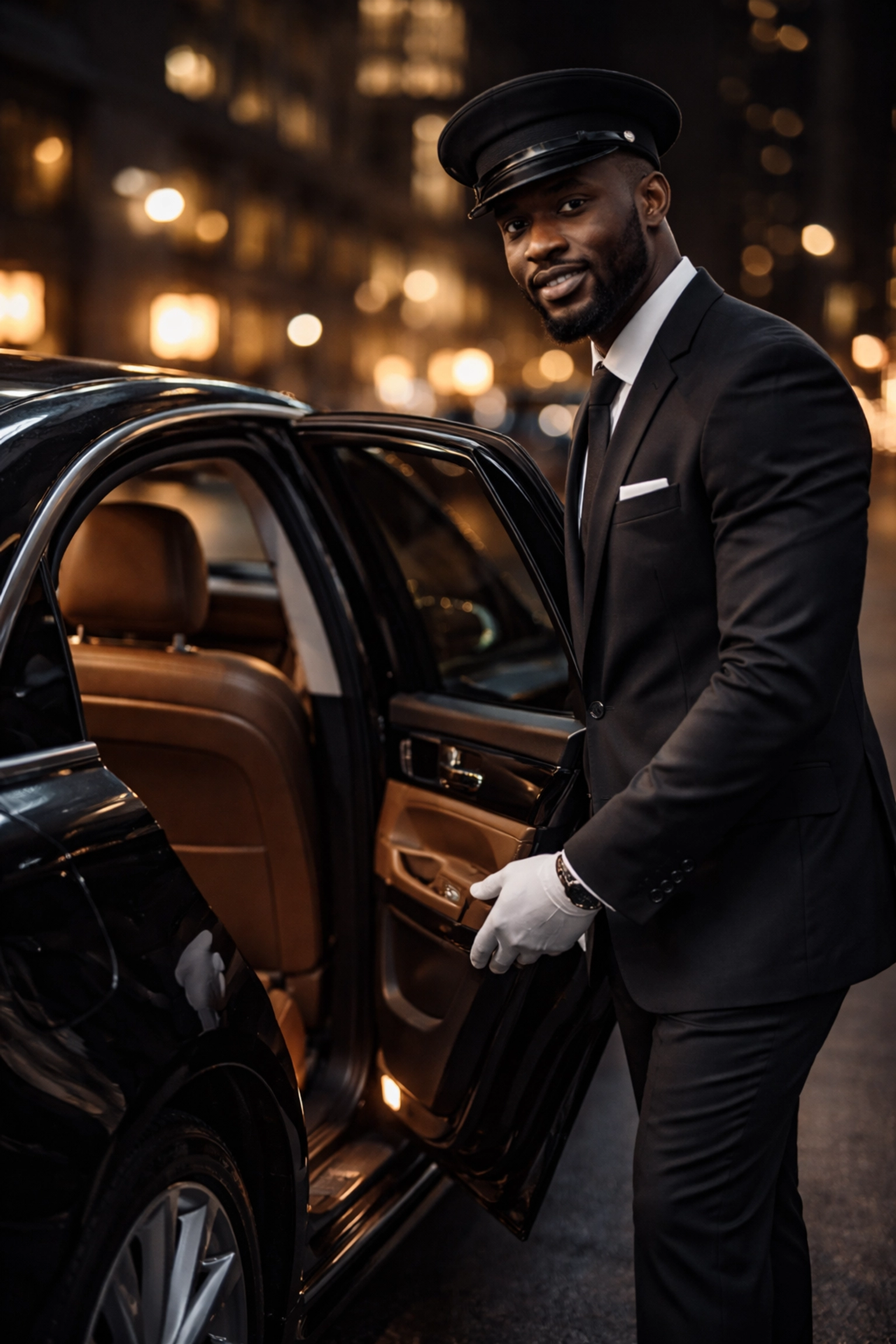Professional chauffeur welcoming guests into a luxury sedan, highlighting safe and polished private transportation.