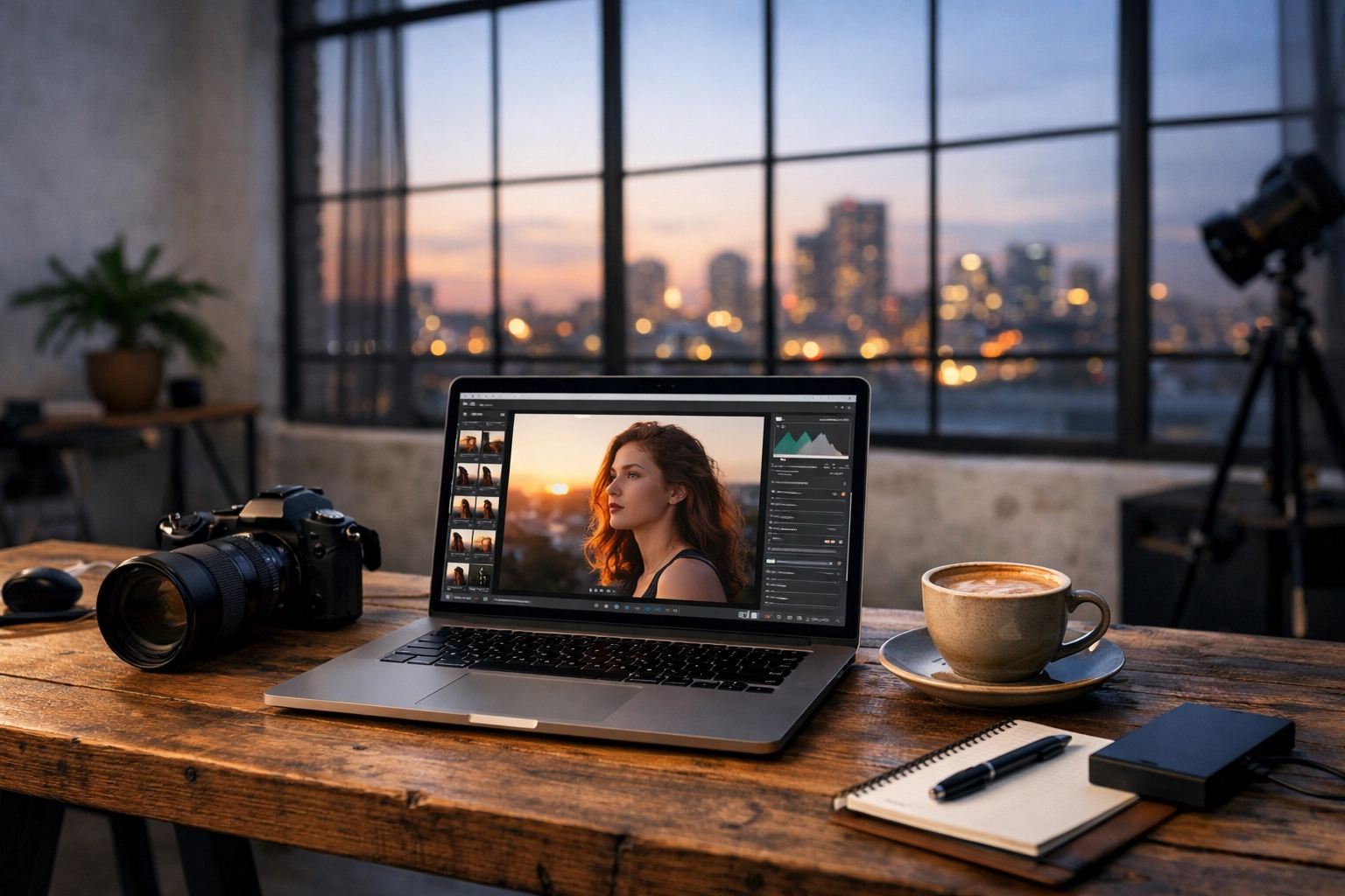 Professional photographer's workspace with a laptop and camera, streamlining the photography booking experience.