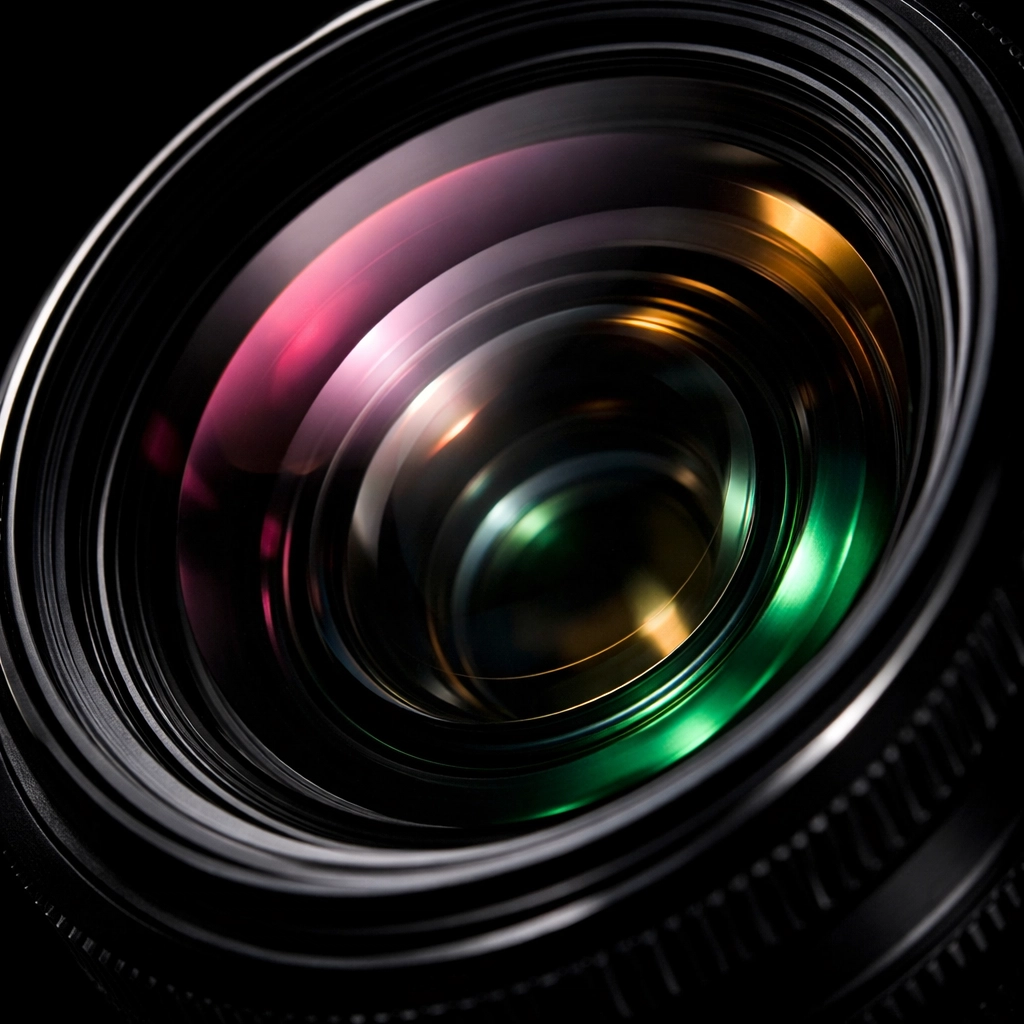 Close-up of professional cinema lens glass elements showing anti-reflective coatings and reflections.