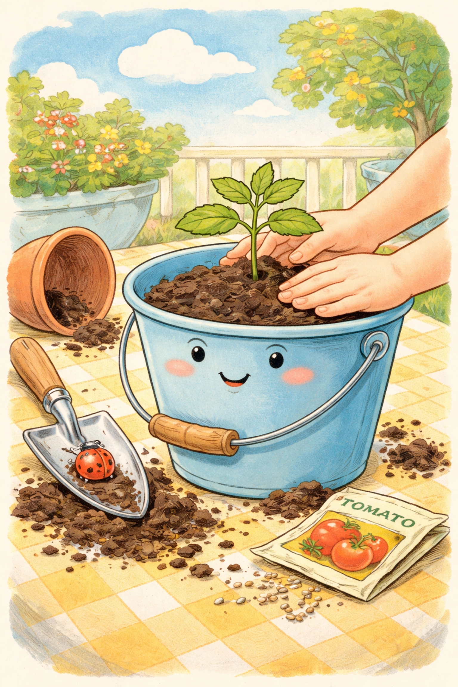 Storybook-style drawing of a child planting a tomato seedling in a blue bucket for a DIY pizza garden project