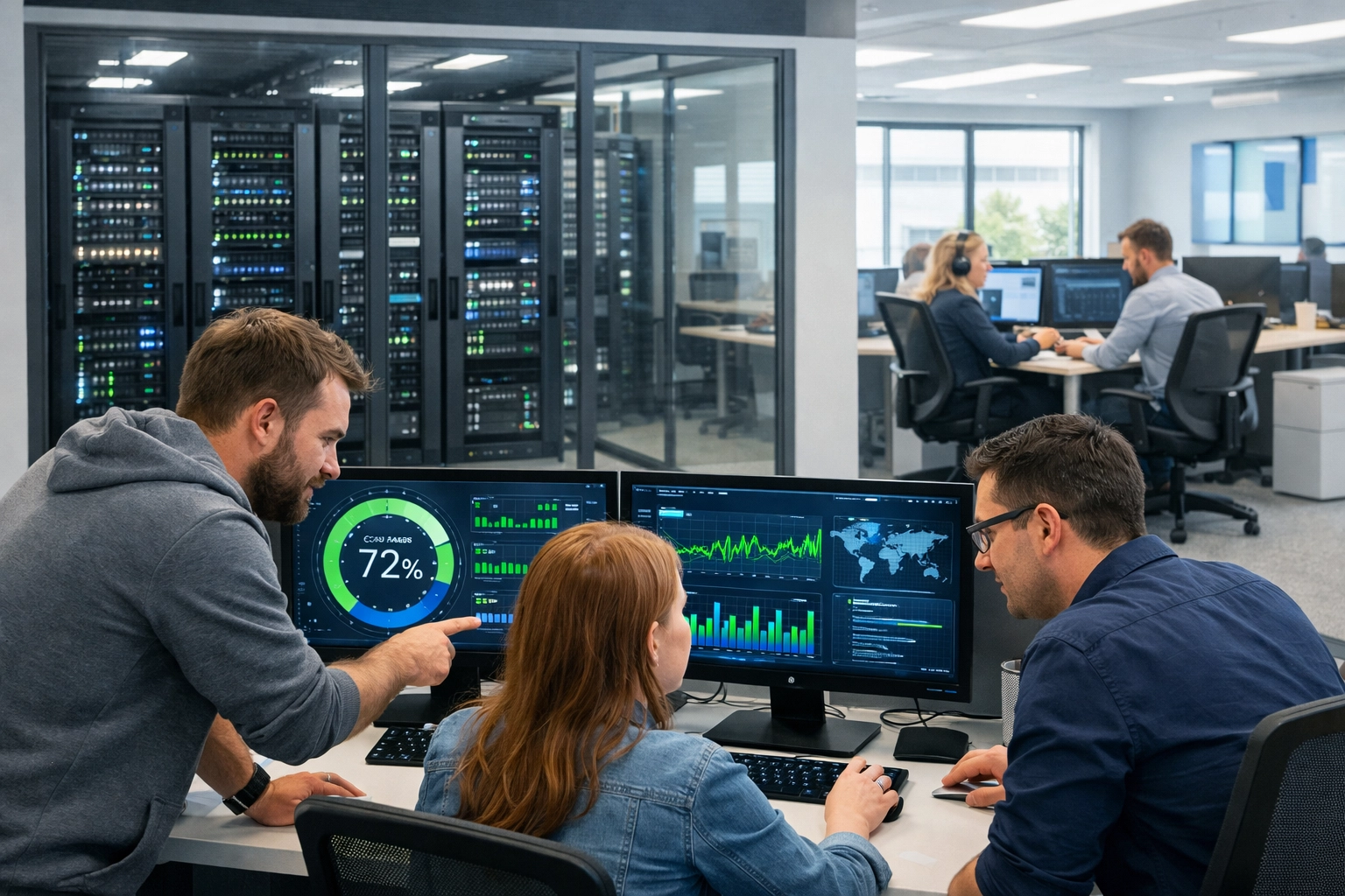 IT professionals monitoring ServiceNow performance metrics in modern operations center