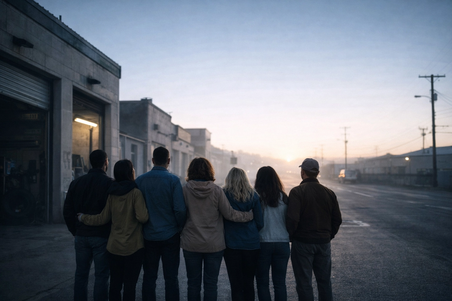 Diverse group of people looking at a dawn horizon representing a brave future in addiction recovery.