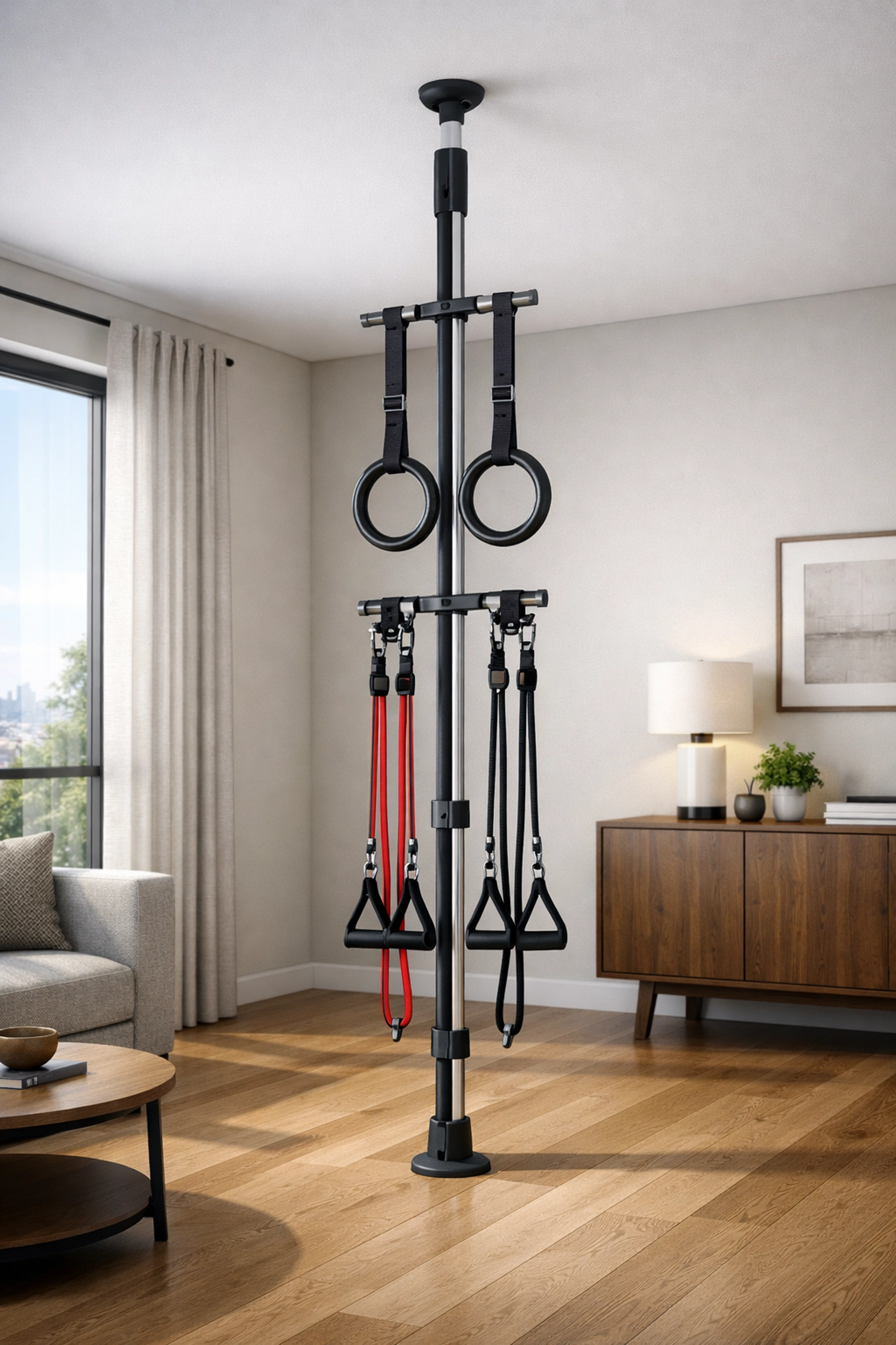 Floor-to-ceiling home gym equipment with no wall damage installation