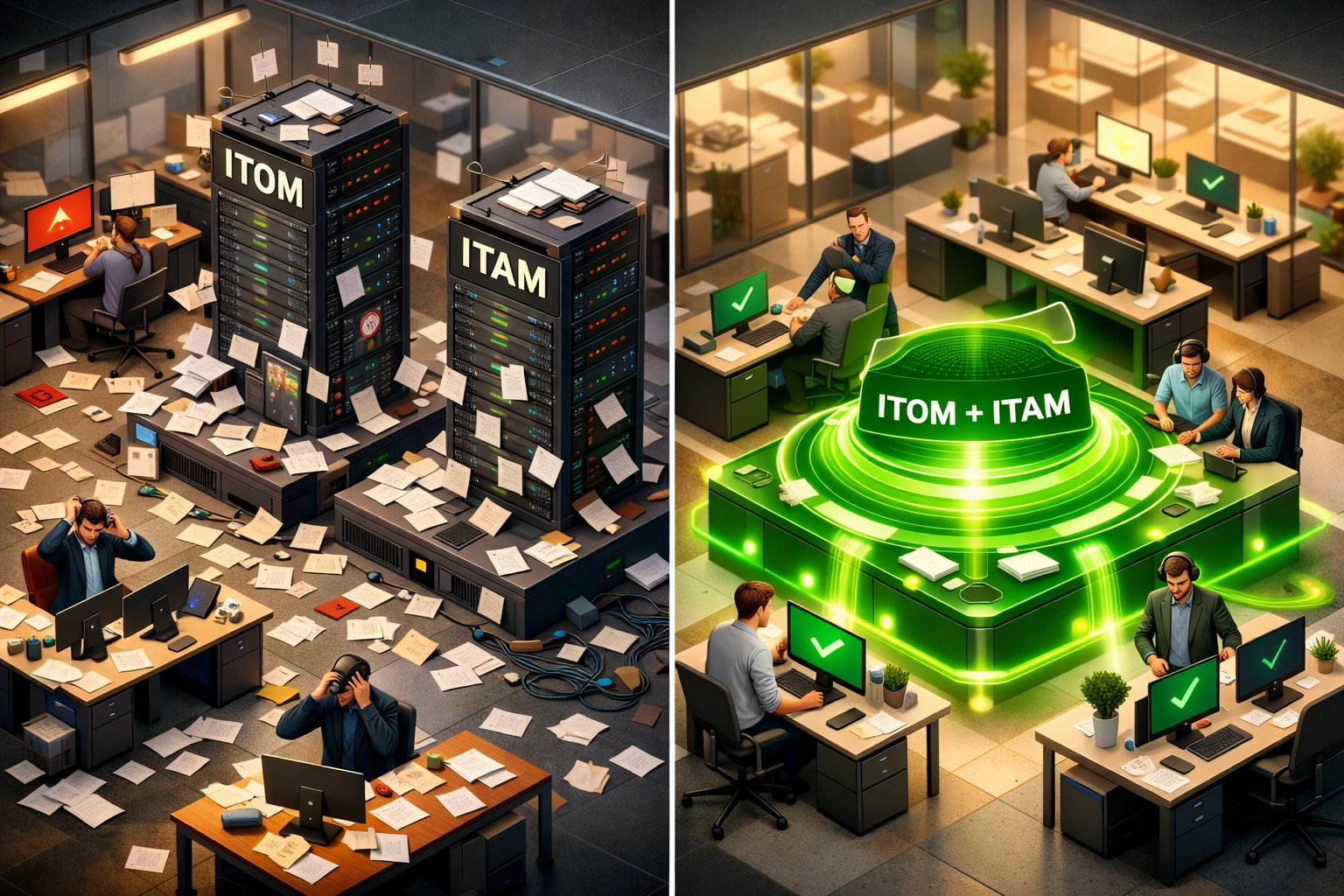 Siloed ITOM and ITAM versus integrated ServiceNow implementation showing efficiency gains