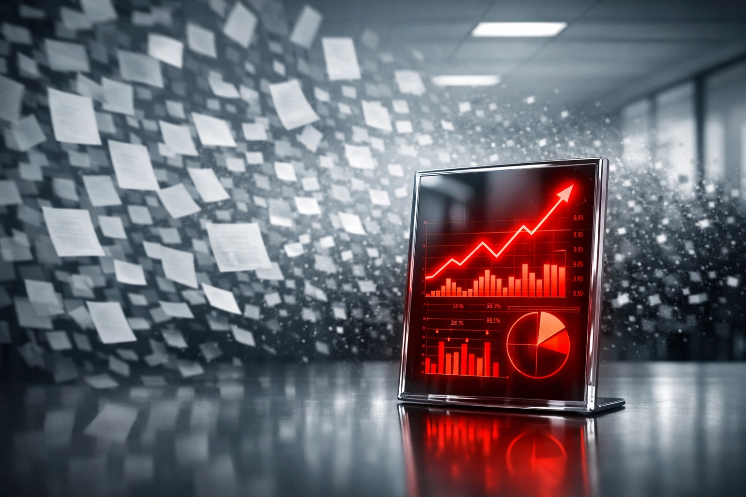 Digital data visualization on a tablet illustrating strategic AI SEO optimization for small businesses.