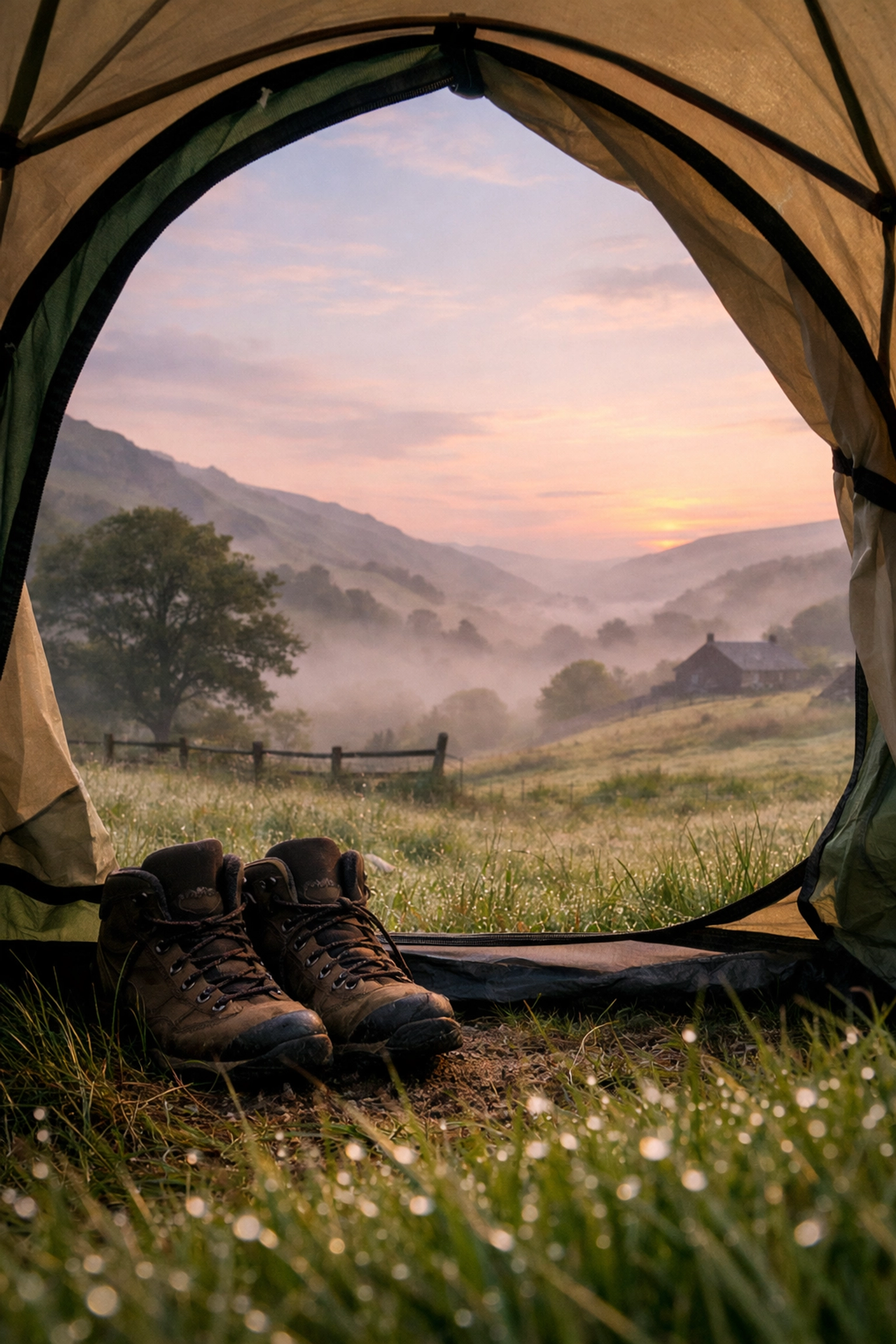 Morning view from inside tent overlooking misty British hillside on first wild camping trip
