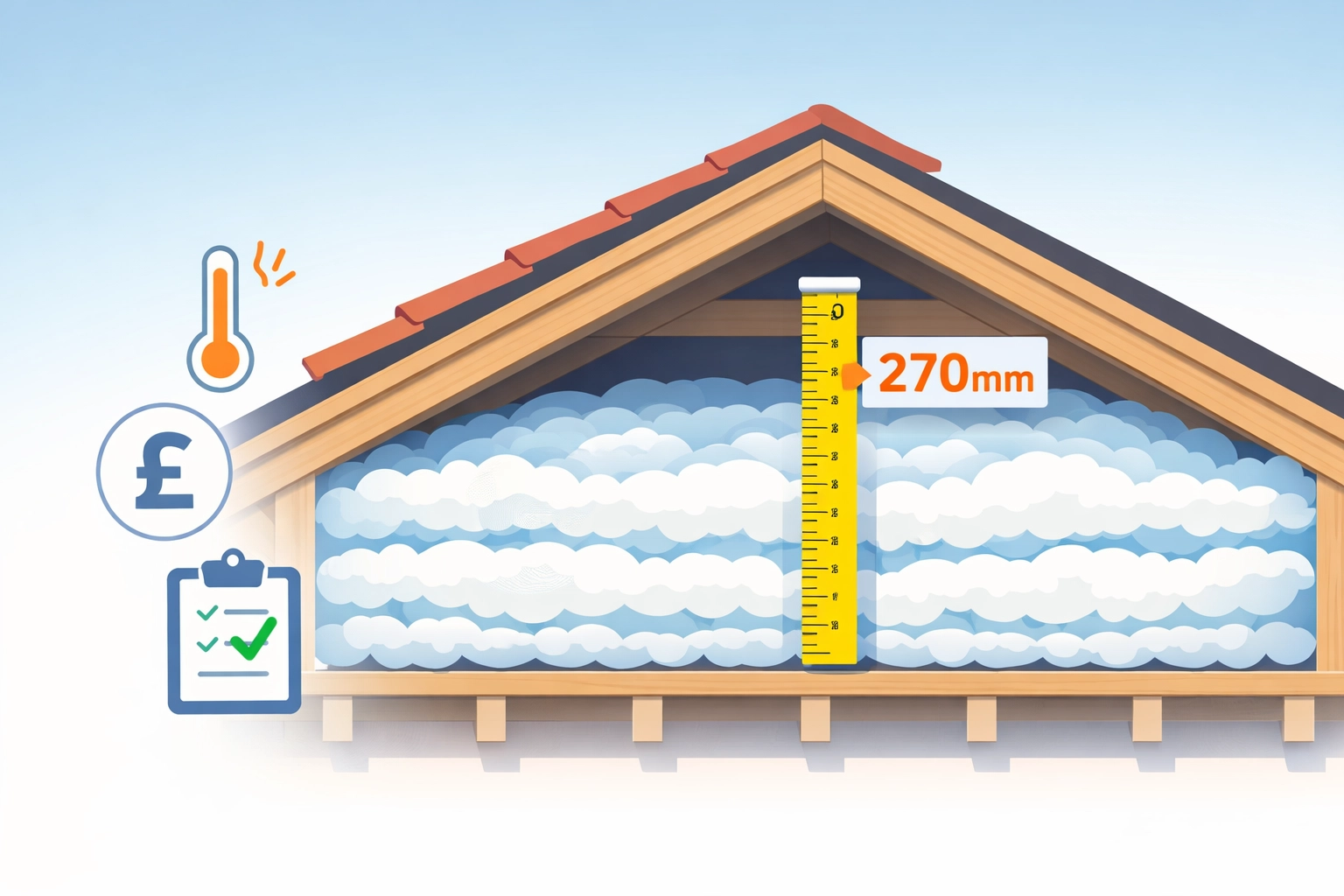 UK loft insulation showing 270mm depth standard with measurement tape and thermal icons