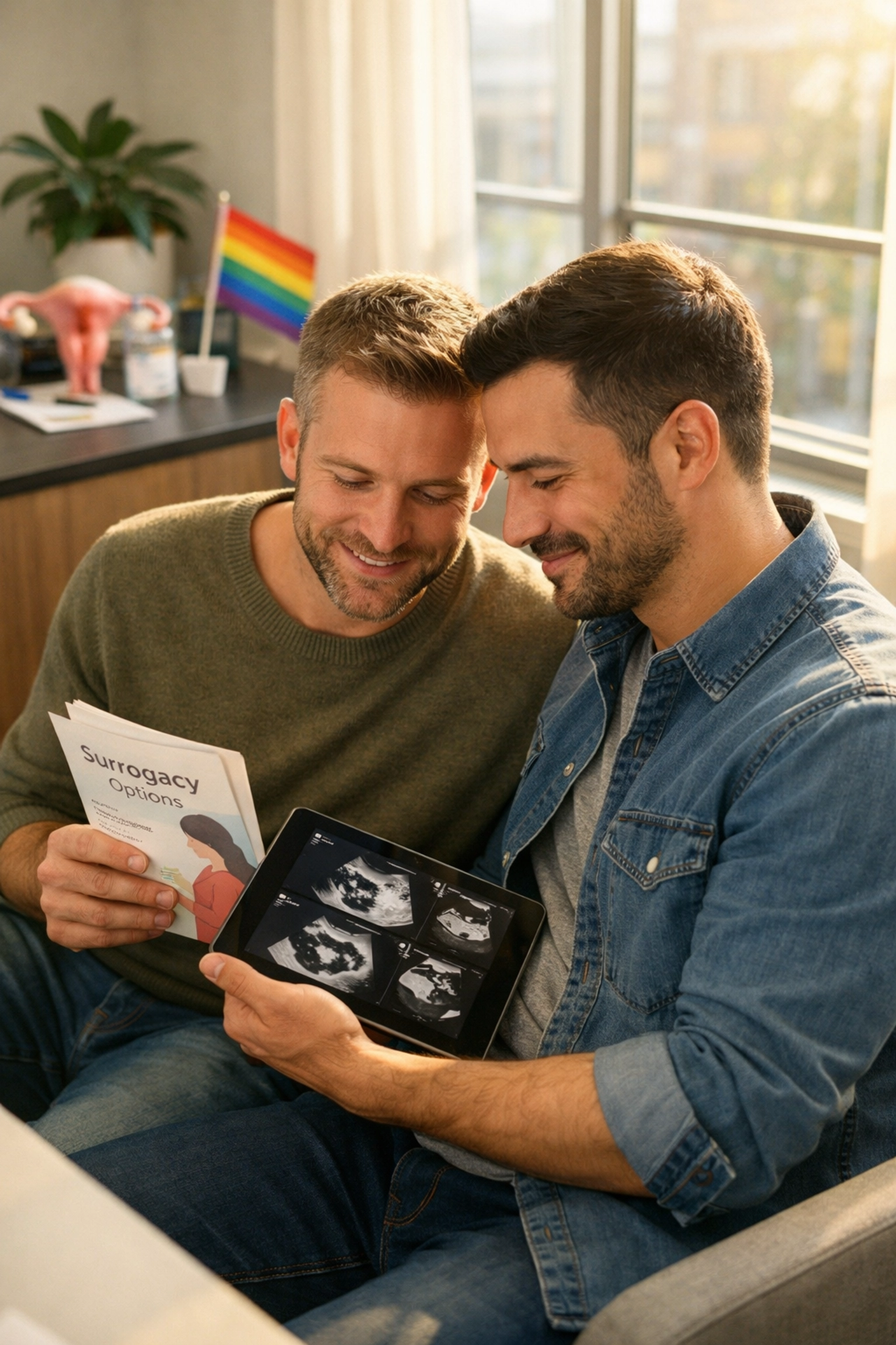 Gay couple consulting about surrogacy options at fertility clinic for LGBTQ+ parenthood