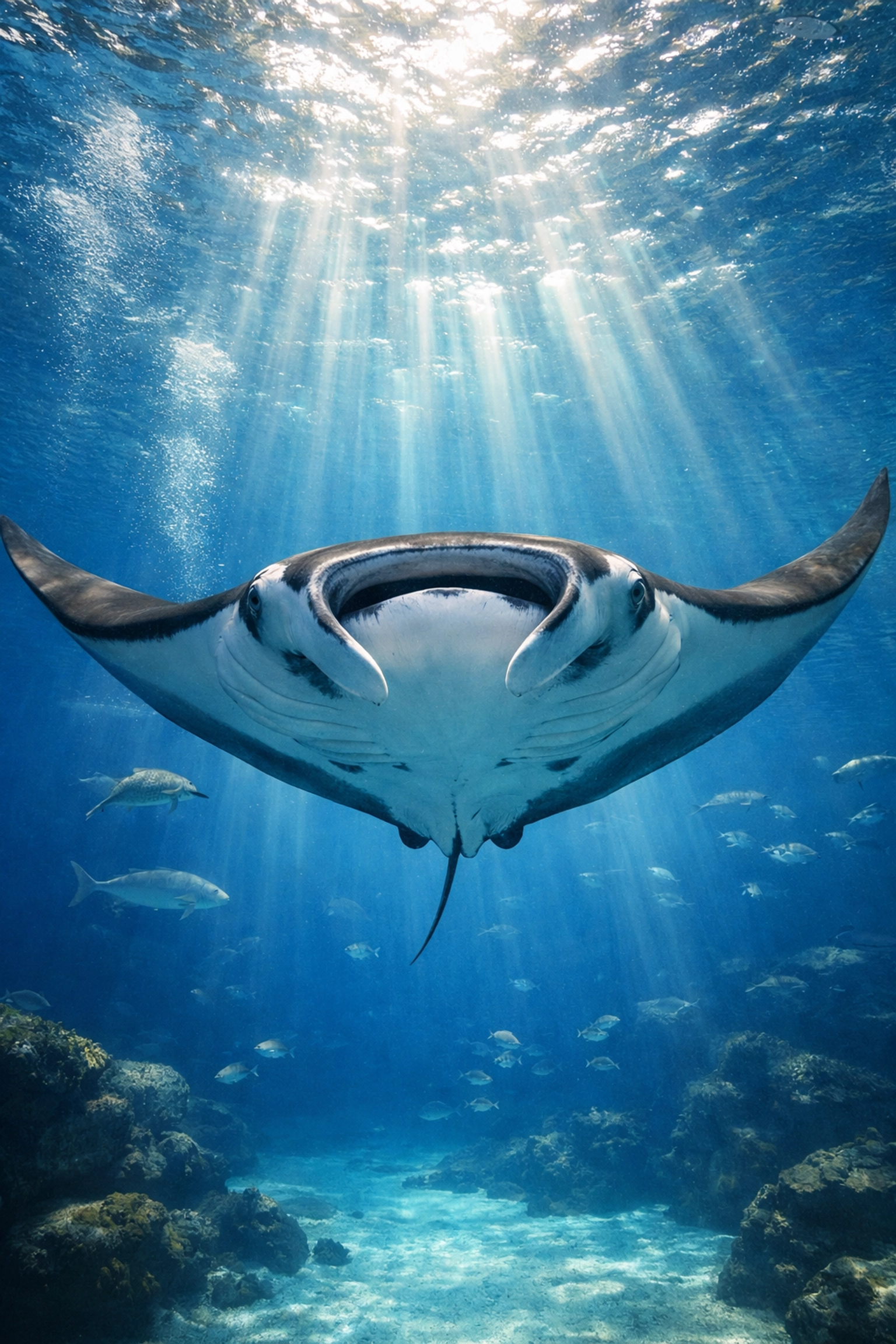 Large Manta Ray gliding through an ocean tank exhibit for high-impact wildlife media campaigns.