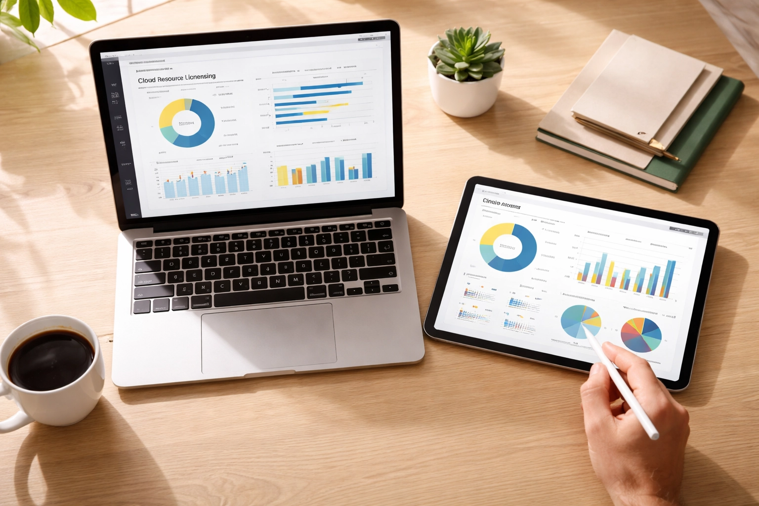 Workspace showing a laptop with cloud license reports and dashboards for efficient ServiceNow ITOM license management.