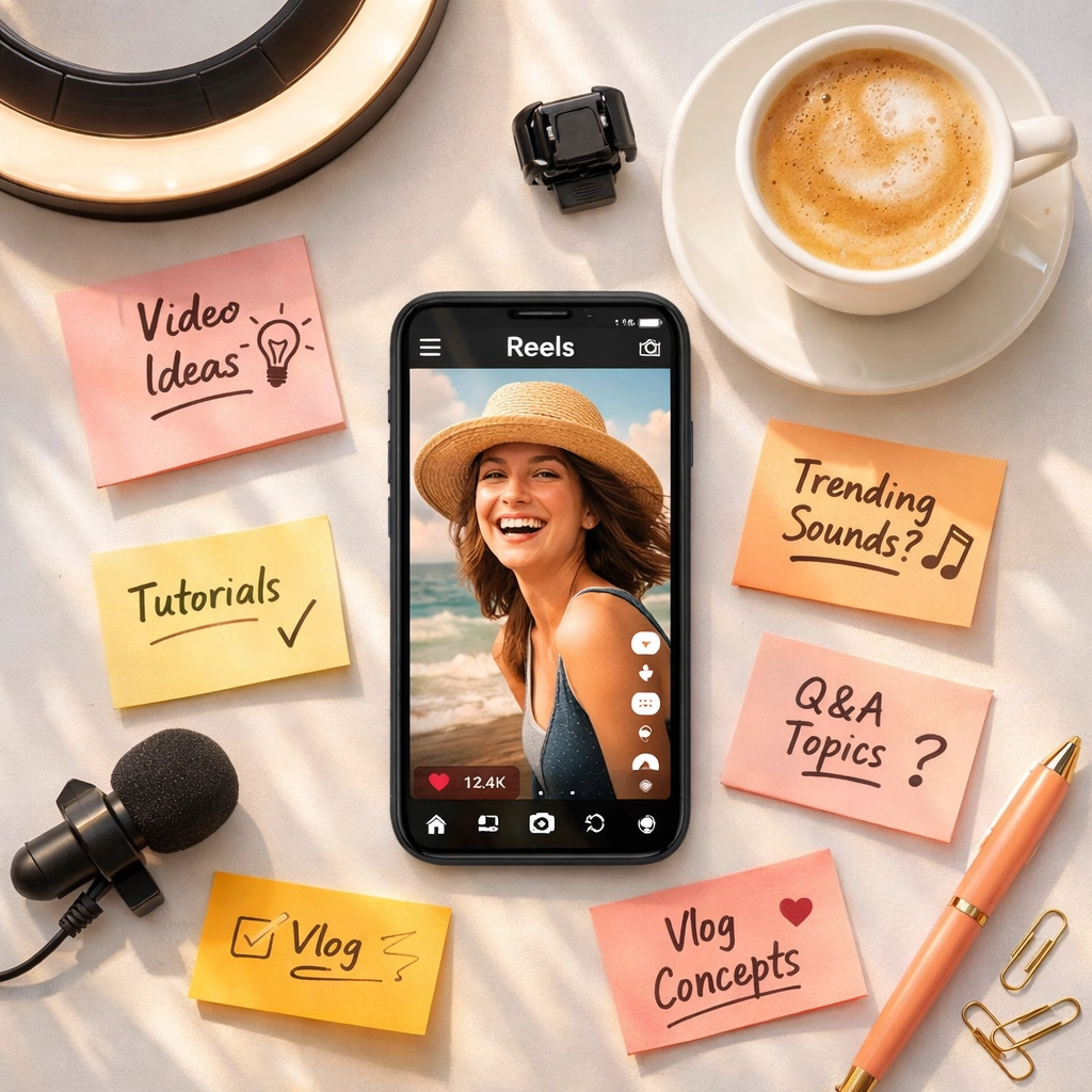 Instagram Reels workspace with smartphone, ring light, and content planning materials on desk