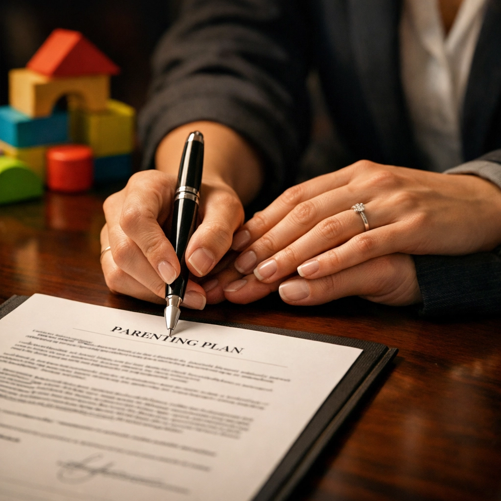 A lesbian couple signing a legal parenting plan at a desk to protect their child's rights and future stability.