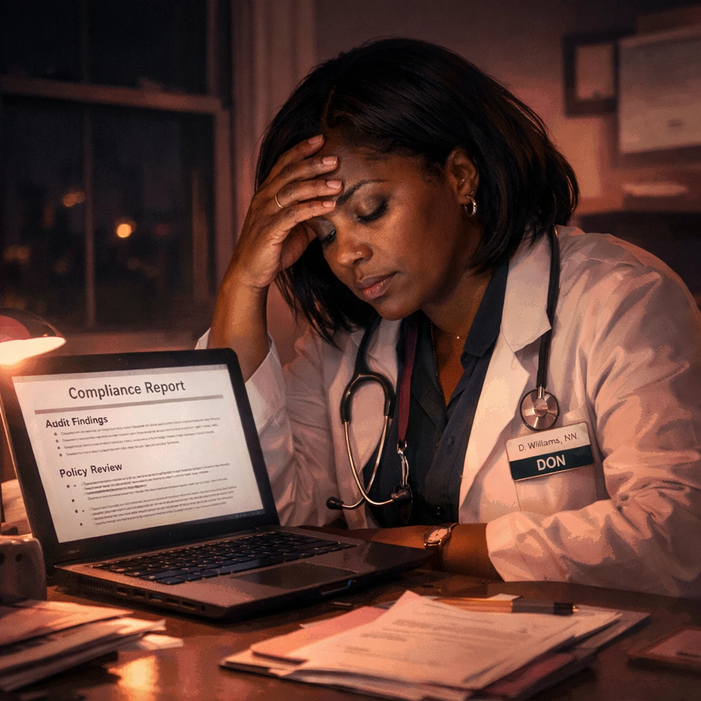 Director of nursing working late reviewing compliance documents during 90-day stabilization