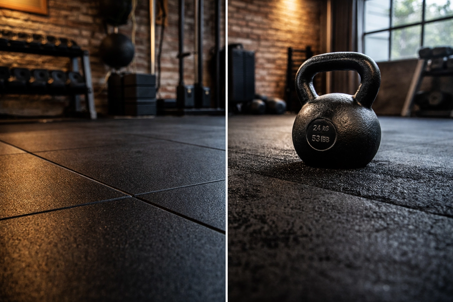 Kettlebell resting safely on premium gym flooring shows benefits of protecting your home gym equipment.