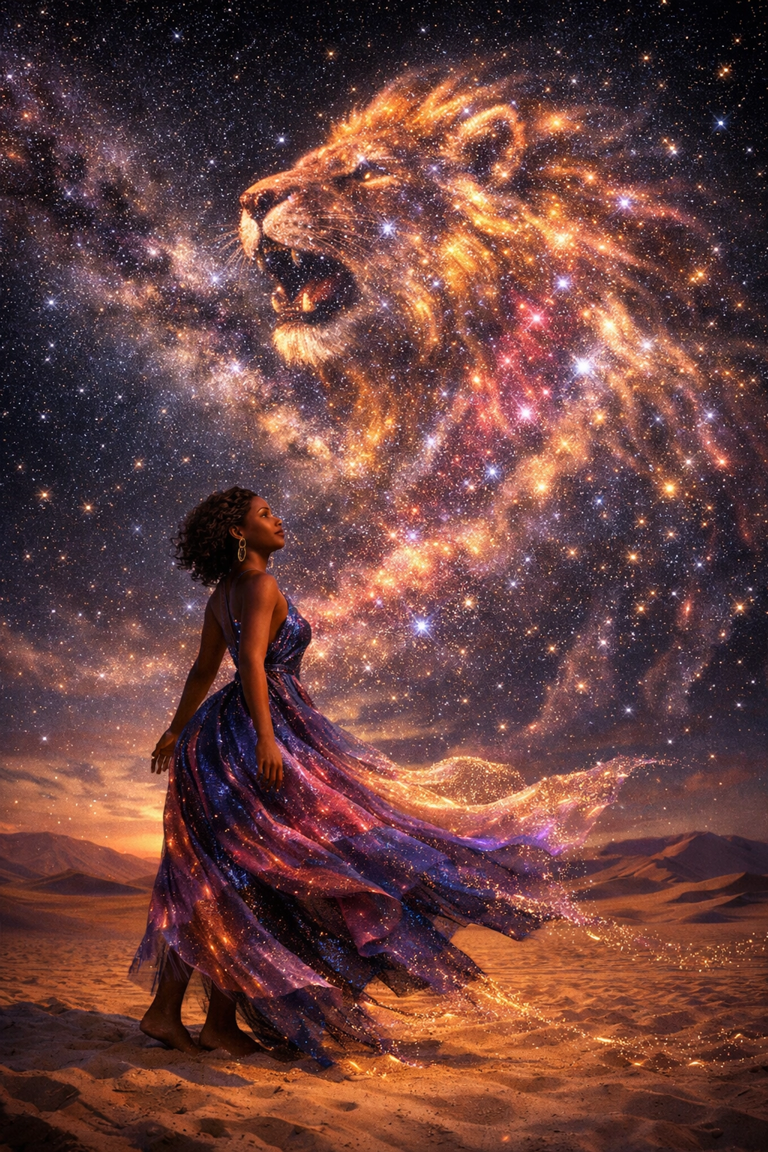 A woman in a desert under a cosmic sky featuring a celestial lion from African mythology.