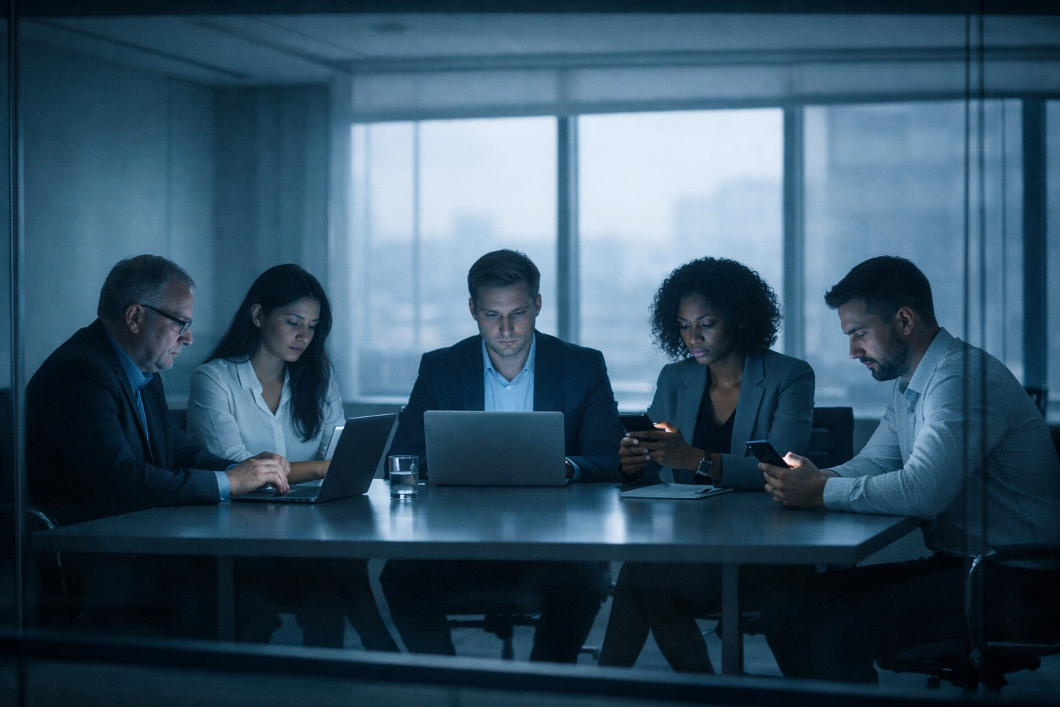 Disconnected corporate team members focused on devices despite sitting together in conference room