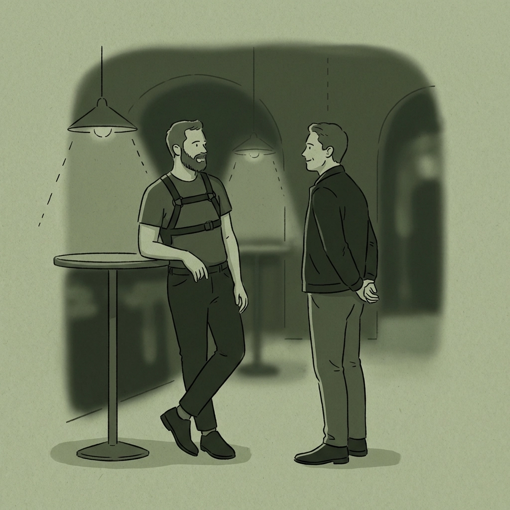 Two gay men in respectful conversation at fetish club discussing consent and boundaries